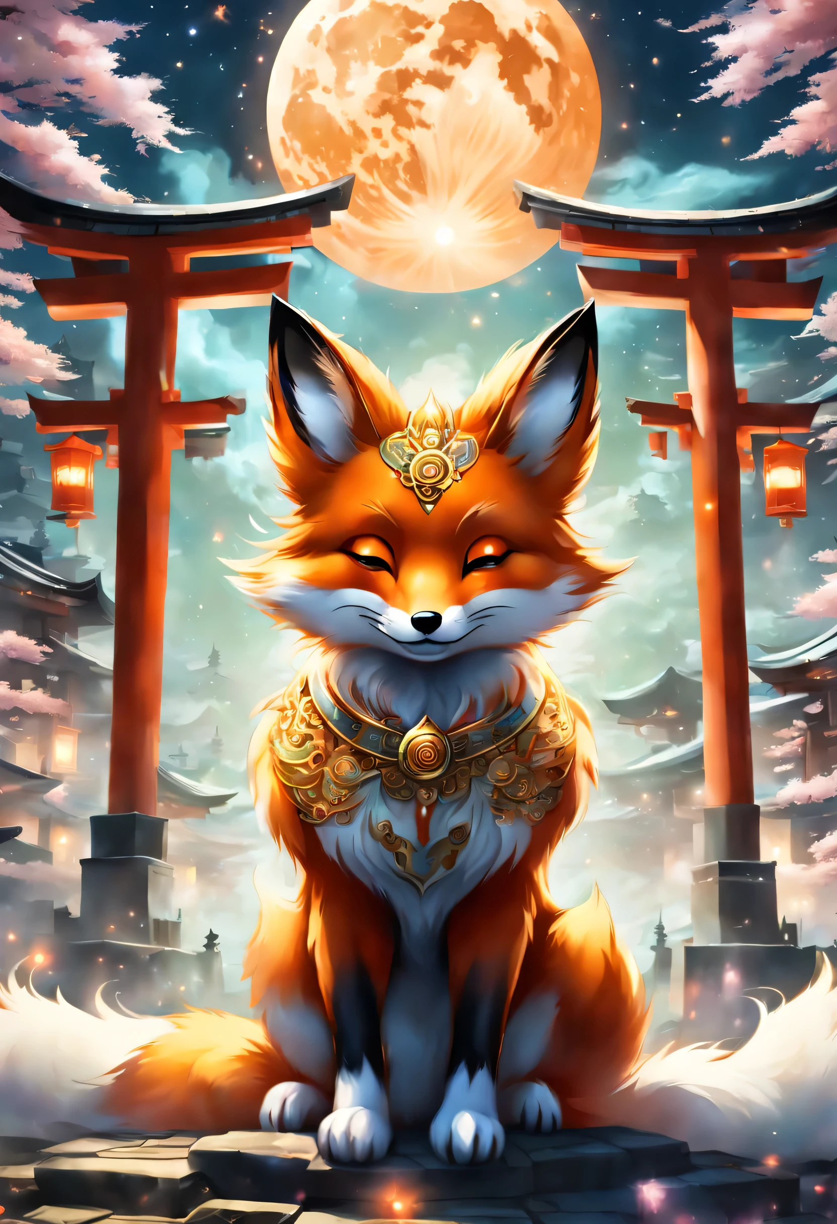 Magical creatures, Fox, magical Fox, (Fox with magical aura and white smoke:1.2), In front of the shrine torii gate, full moon in the background, (masterpiece), (highest quality), (Ultra high detail)