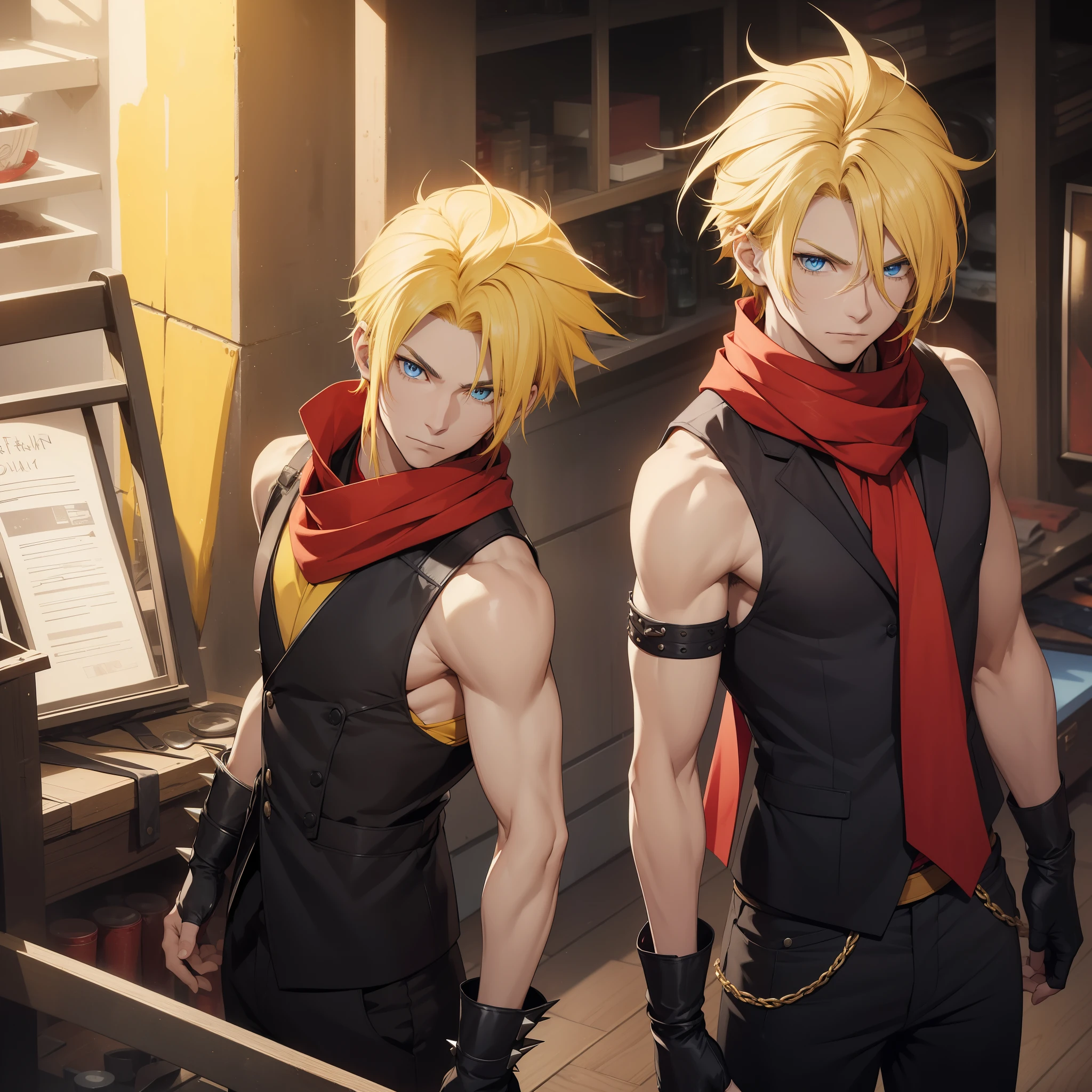 (26 years old), (male), (Yellow hair), (Blue eyes), (Spiky Hair), (Shoulder-Length hair), red scarf, red vest, sleeveless, black pants, black gloves, slim, up to legs