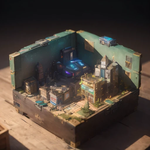 small realistic model, (bifurcation, original photo, best quality, masterpiece:1.4),SteampunkCyberpunk6920 City,(Cyberpunk light:1.3), Mards,horizon (related to land),(in a small nature box:1.3),Isometric, small nature, landscape on foundation,landscape,