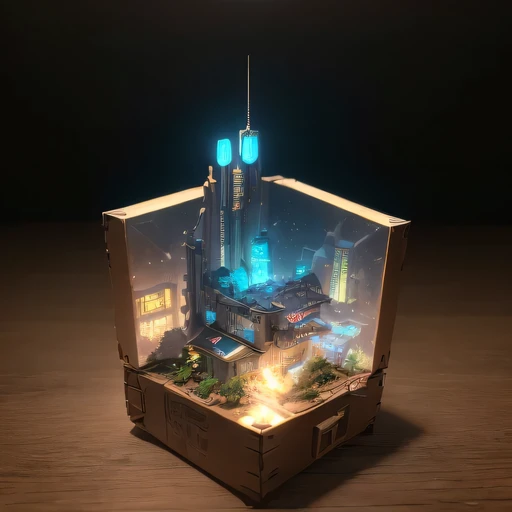 small realistic model, (bifurcation, original photo, best quality, masterpiece:1.4),SteampunkCyberpunk6920 City,(Cyberpunk light:1.3), Mards,horizon (related to land),(in a small nature box:1.3),Isometric, small nature, landscape on foundation,landscape,