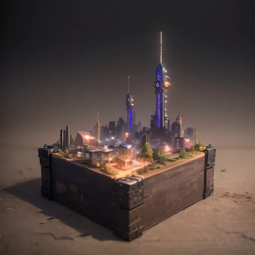 small realistic model, (bifurcation, original photo, best quality, masterpiece:1.4),SteampunkCyberpunk6920 City,(Cyberpunk light:1.3), Mards,horizon (related to land),(in a small nature box:1.3),Isometric, small nature, landscape on foundation,landscape,