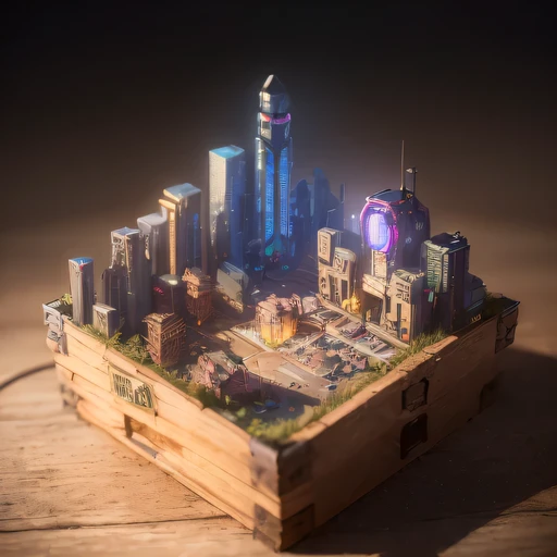 small realistic model, (bifurcation, original photo, best quality, masterpiece:1.4),SteampunkCyberpunk6920 City,(Cyberpunk light:1.3), Mards,horizon (related to land),(in a small nature box:1.3),Isometric, small nature, landscape on foundation,landscape,