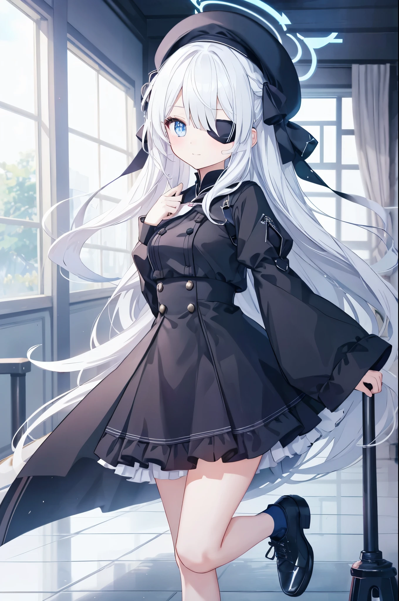 A human girl，Petite and cute **** figure，female face，subtle smile expression，long white hair，messy hair，White eye patch covers one eye，blue eyes，There are bright spots in the eyes，female hands，newbie，normal finger，Put your hands behind your back，There is a blue halo on the head，The aura is blue，Polyhedral shapes in halo，Wearing a black beret，Wearing ****ta clothes，Wear black shoes，The sleeves are cuffed，masterpiece，Exquisite and delicate的二次元精美画风，Exquisite and delicate，8K high quality，CG wallpaper，HD，bad milk，alone，tomorrow ark风格，tomorrow ark