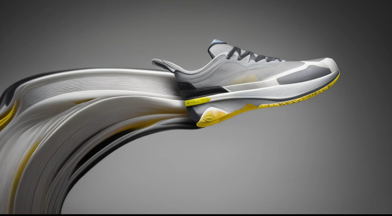 A pair of dynamic running shoes with dark silver and yellow as the main colors, Taking on a unique twisted and elongated shape, Made up of various parts and materials。The upper part of the shoe features a knitted design with a velvet effect., Mainly soft gray-blue tones, Subtle contrast with the pink and white sole。, This shoe features a carefully designed foam midsole, The sole is composed of black carbon sheets and forms a striking finishing touch of softness and softness.。Presenting futuristic color waves—light yellow and dark gray, light pink and dark gray, Shoes accentuate optical hybrid style。, To add texture and depth, The design incorporates delicate feather details and high-speed sync technology。Multi-layered design ensures dynamic fluidity, This is displayed seamlessly on the solid white surface they sit on。through advanced zone systems, The transformation of color and texture gives the shoes vitality。, Rendering using OctaneRender, Pushing realism to the extreme, Deliver extremely detailed details in 8K Ultra HD resolution。Every angle of this pair of sneakers, Every detail echoes the meticulous care and future design direction that go into its creation。This pair is more than just a pair of shoes, It is a testament to innovation and style。