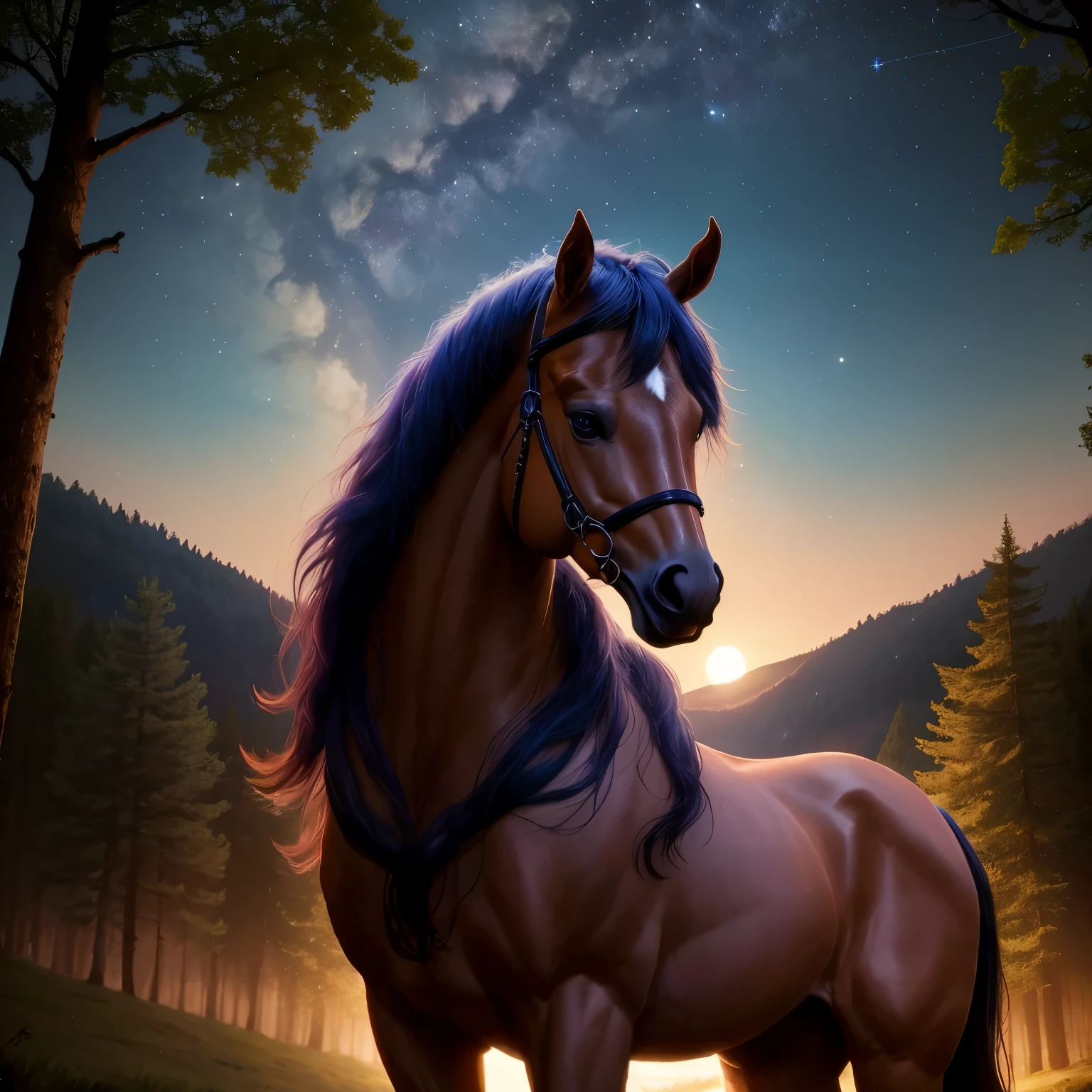 1 braunes Pferd, 4 beine, wald im Hintergrund, mystisches Licht, sternenhimmel, lush mane, Dusk, leuchtende Augen, ganzes pferd, Mond auf der rechten Seite
