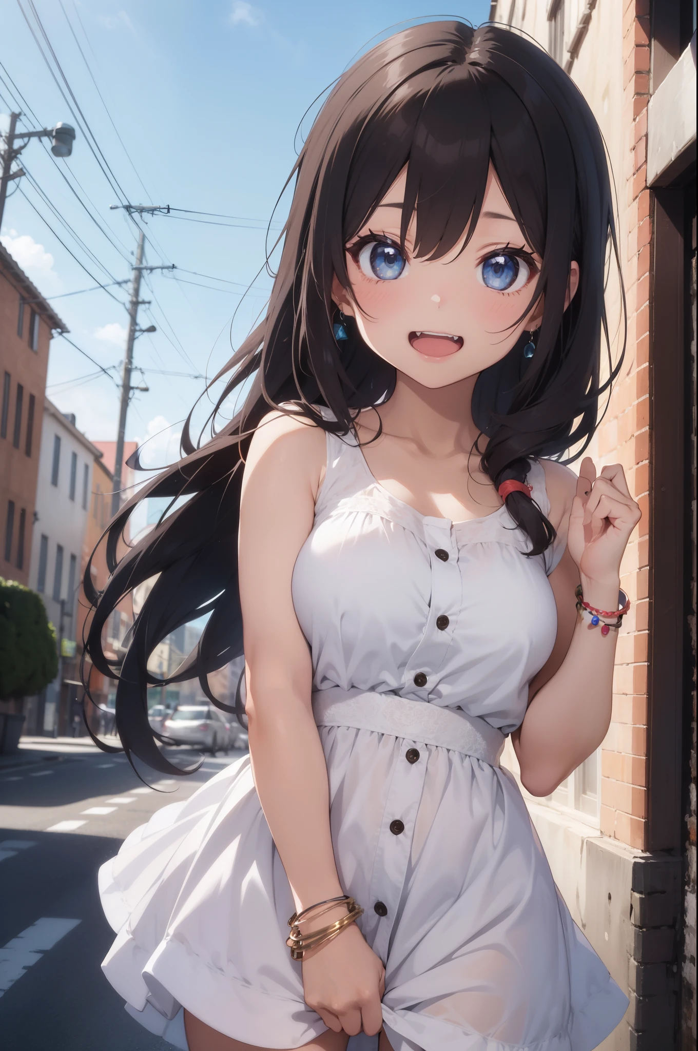 1shot,((perfect anatomy:1.3,realistic:1.3,RAW Photography:1.3,masterpiece、highest quality、Ultra - High resolution、High resolution、Highly detailed CG、8K)),cowboy shot,1 female,solo、14 year old beautiful girl,Japanese,((beautiful detailed face and eyes,gorgeous eyes,gray eyes)),black hair,long hair,straight hair,bangs,shy,((medium breasts, ideal ratio body proportions:1.3,slender body,skinny)),(oily skin,gleaming skin,shiny skin),(camisole、Pleated mini skirt),Outdoor、