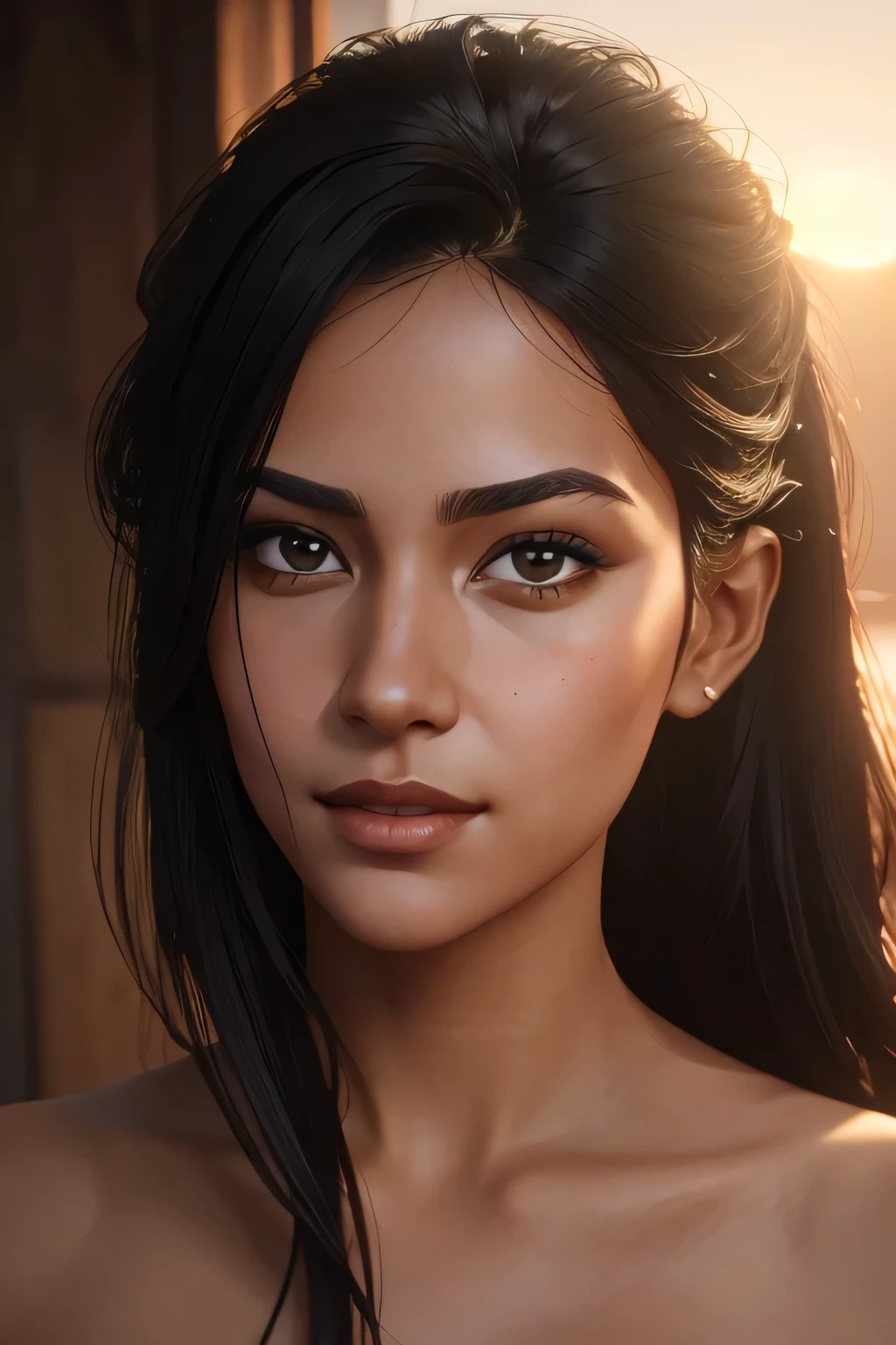 A photorealistic portrait of a beautiful lady with cascading black hair, bathed in the warm glow of the golden hour. Her lips curve into a playful smirk, drawing the viewer's attention to her full, attractive lips. Her dark eyes are filled with confidence and mischief, holding the viewer's gaze directly. Render in high resolution, capturing the intricate details of her hair, the subtle blush on her cheekbones, and the sun-kissed highlights on her skin.