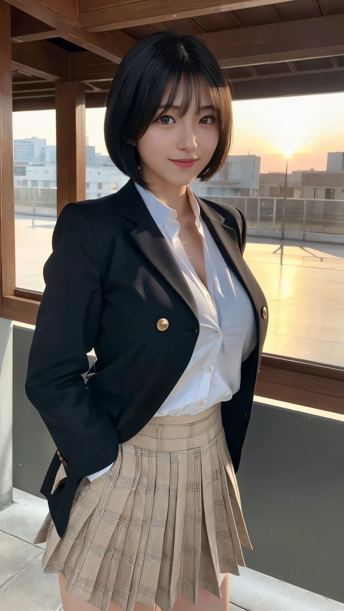 (top-quality,8K picture quality,​masterpiece:1.3),(Super high resolution,Photorealsitic:1.4,Raw photography),(ultra-detailliert,Caustics,Detailed background),(Ultra-realistic capture,Beautifully detailed skin,perfect anatomia),at the sunset,Sunset sky,school buildings,school ground,18year old,kawaii,Single eyelid,Black hair short bob,School Blazer Uniform,Looking at the camera,A smile,Bust-up shot,natural soft lightShow breasts，huge boobs、Show breasts，huge boobs、Show breasts，Full body display，Full body display，huge boobs、Show breasts，huge boobs、,Show breasts，huge boobs、Show breasts，huge boobs、Show breasts，huge boobs、Show breasts、huge 、