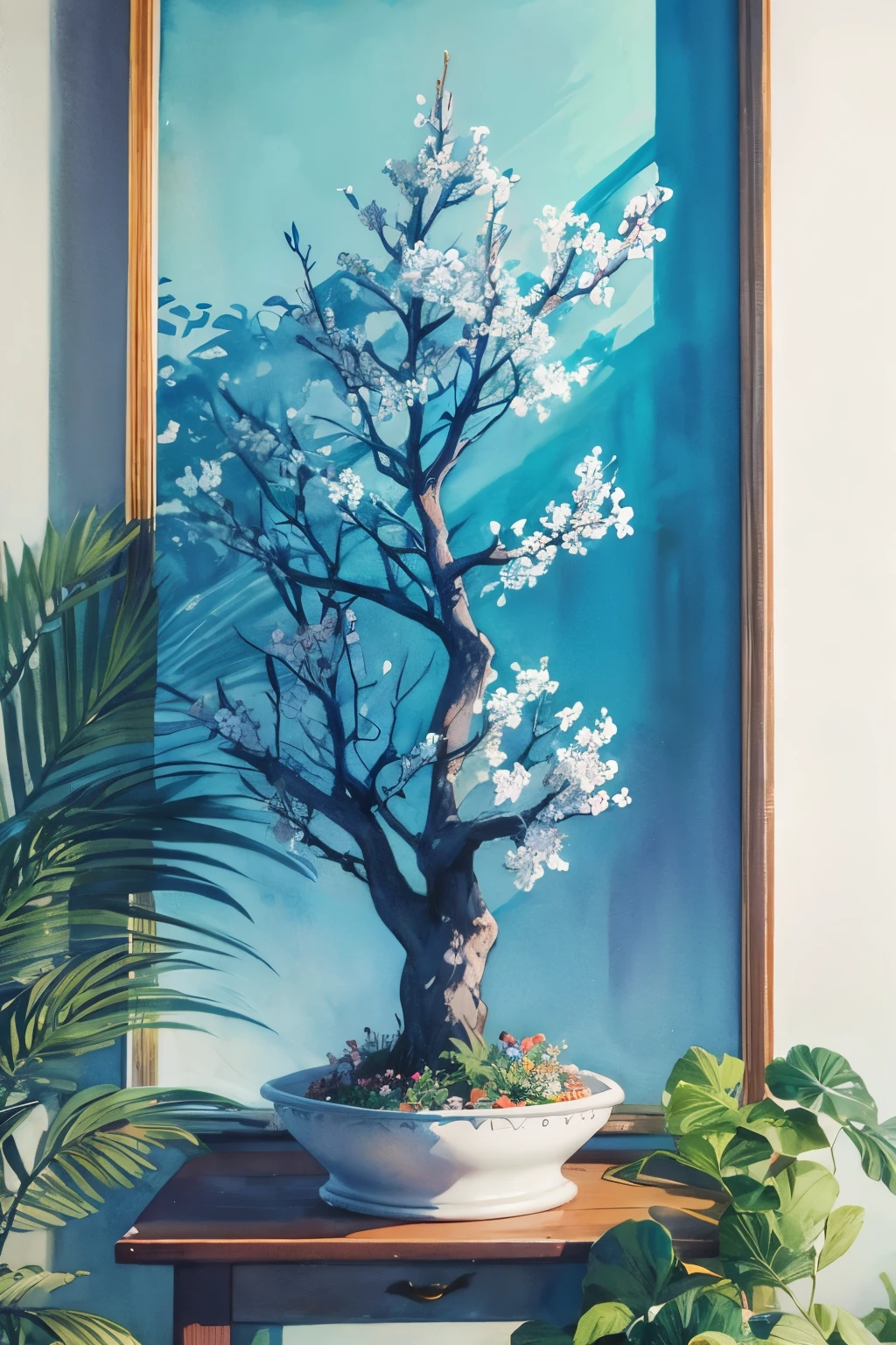 Vintage Watercolor Tree Flower In Blue