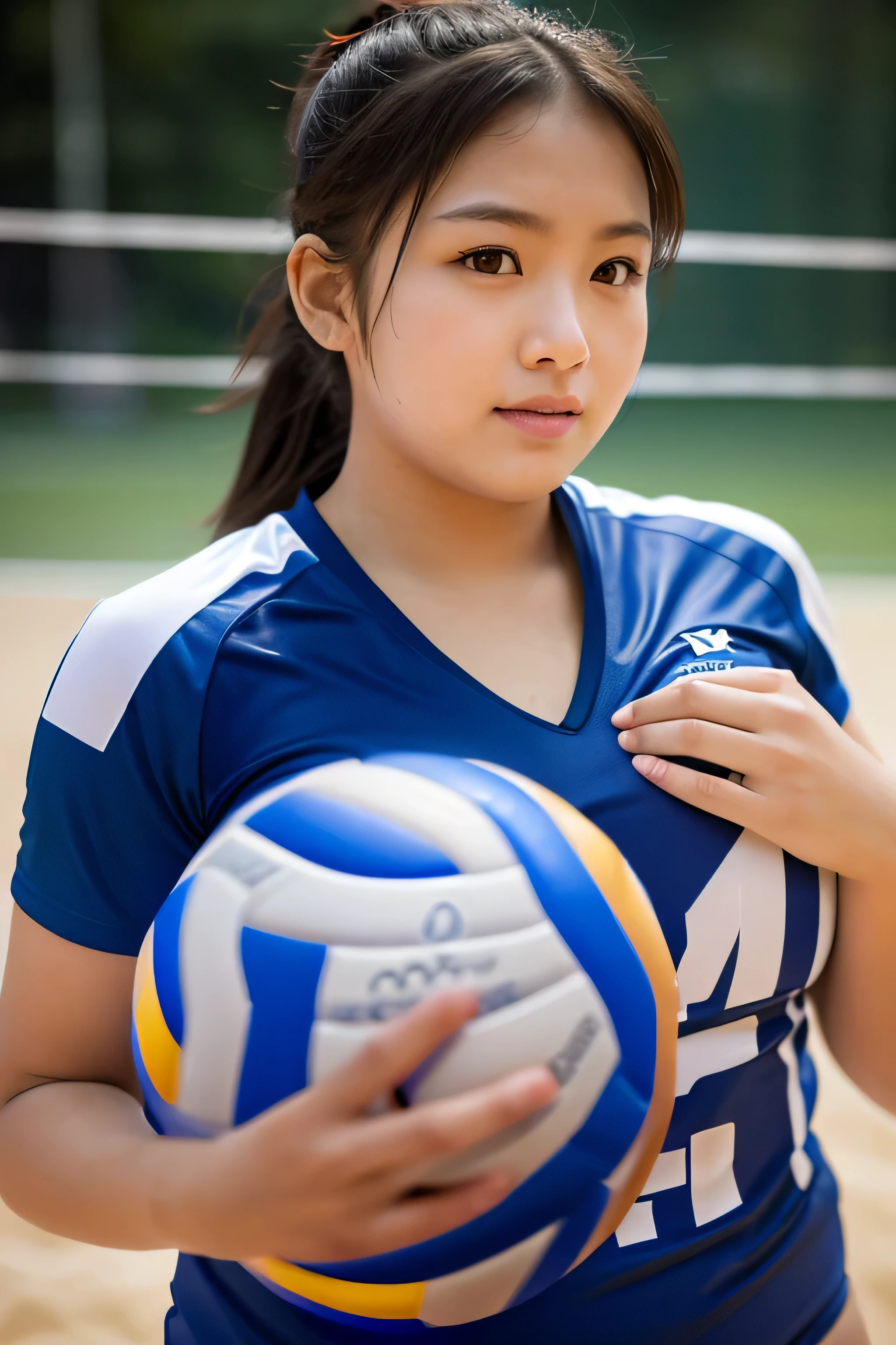 woman posing for a photo,(wear volleyball_uniform:1.3), good hand,4K, High resolution, masterpiece, highest quality, head:1.3,((hasselblad photography)), fine skin, sharp focus, (cinematic lighting),1 female breast, Overweight, extremely fat, Chubby, Japanese, clavicle, night, soft lighting, dynamic angle, [:(detailed face:1.2):0.2],(((Inside the volleyball field))), outside,