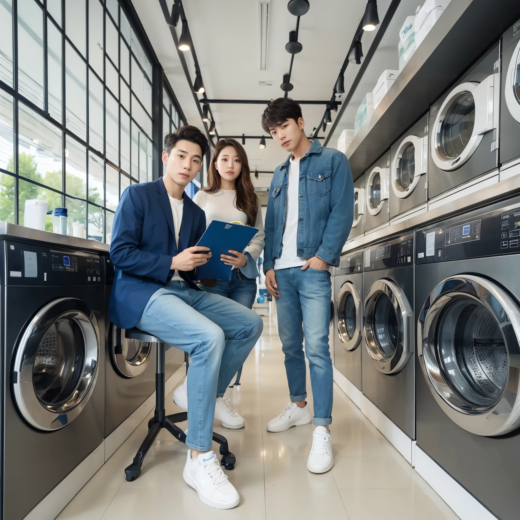 korean Three people in a laundromat, washing machines, A salesperson wearing a bluee jacket shows a couple of laundry machine, modern interior, bright lighting.