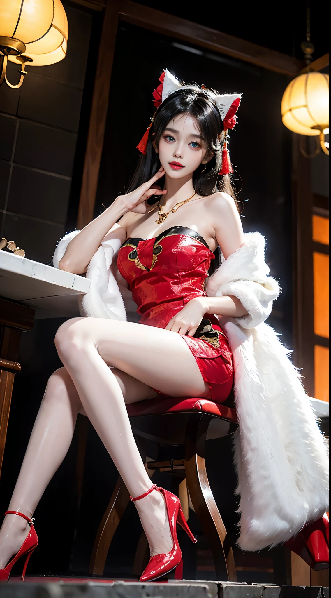 cheshire cosplay costume, cosplay, dress, chinese clothes, thighhighs, fur capelet, cat ears, hair ornament, red high heels, ((full body)), ((from below)), ((sitting position)), ((Sit on a barstool)), clear face, pretty face, 8k, masterpiece, original photo, best quality, detail:1.2,lifelike, detail, Very detailed, CG, unified, wallpapers, depth of field, movie light, lens flare, Ray tracing, (extremely beautiful face, beautiful lips, beautiful eyes), intricate, detail的脸, ((ultra detailed skin)), 1 girl, in the darkness, deep shadow, beautiful korean girl, kpop idol,(Very slim figure:1.3), A plump chest, Large breasts, Slender sexy legs, Very nice legs, elegant posture, (bright smile), (City night, (neon lights), (night), beautiful korean girl, white diamond earrings, Diameter bracelet, Dia necklace, clear eyes, (big eyes)