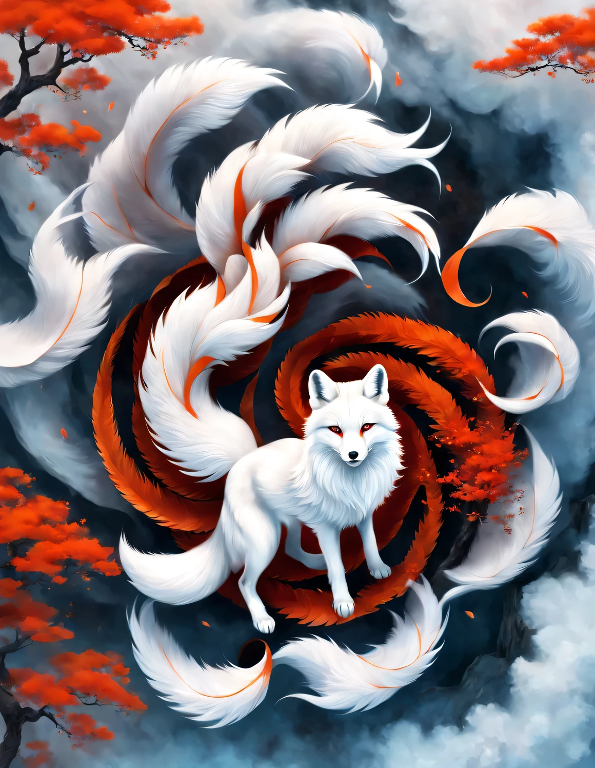 (A white fox with nine red tails in ancient Chinese mythology), (Full-body side), (Mountain and Sea Sutra, beautiful long hair, Mysterious legends, Chinese mythology, (blue eyes), (The fox has nine orange-red tails,like a whirlpool), clear fox paw, concept art, illustration, 8k, Smooth, clear focus,