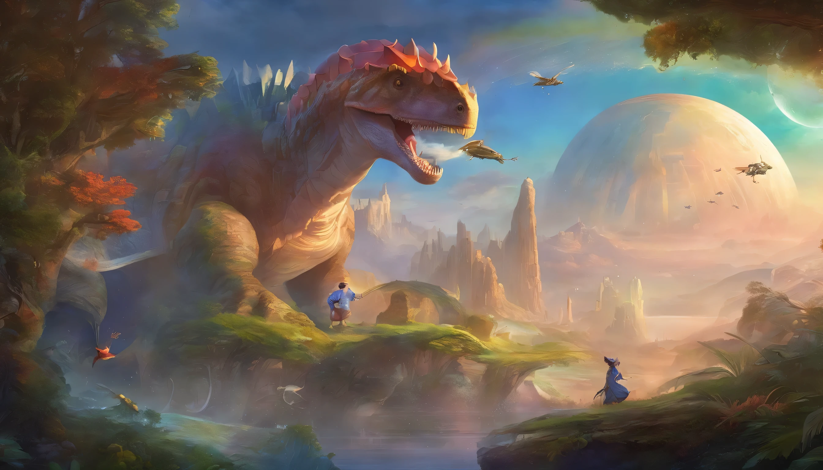 Build up to the climax with an image where the spaceship and dinosaur embody the essence of pop surrealism. Infuse elements that capture the imagination, leaving a lasting impression on the canvas of creativity.