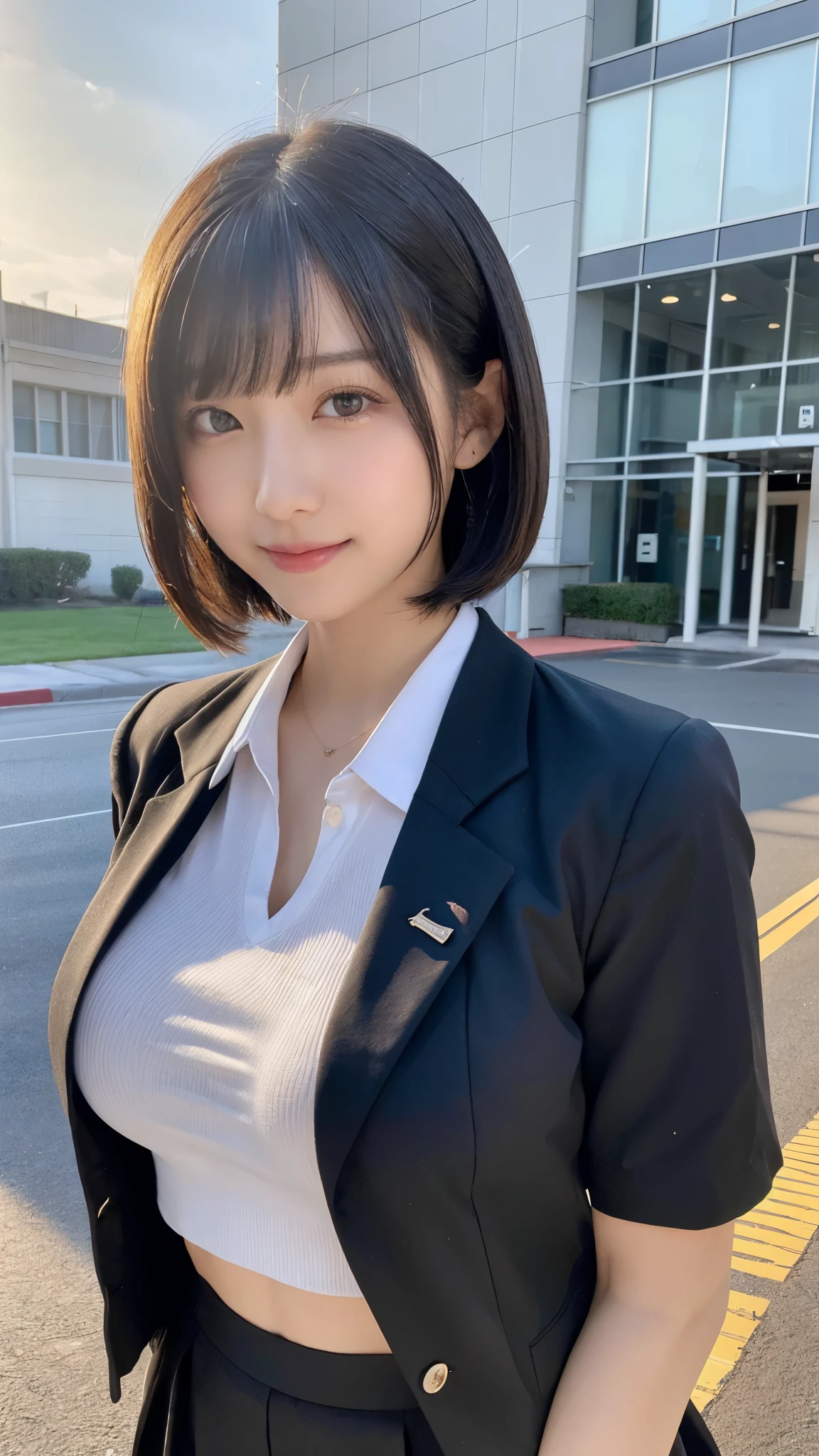 ((Best of the highest quality, 8k, Masterpiece, raw photo: 1.3)), Sharp focus: 1.2, (1 AESPA, slim body type female, 21 y/o: 1.1), (Solo: 1.2), (realistic, photo-realistic:1.37), face focus, cute face, finely eyes, (droopy eyes: 1.32), (Emphasize prominent aegyo-sal with bright: 1.2), shimmering eyeshadow applied under the lower lash line, paired with thick, (small breasts, flat chest: 1.3), (short messy hair, bangs: 1.2), (business suit: 1.28), walking terrace office, sun light, flower