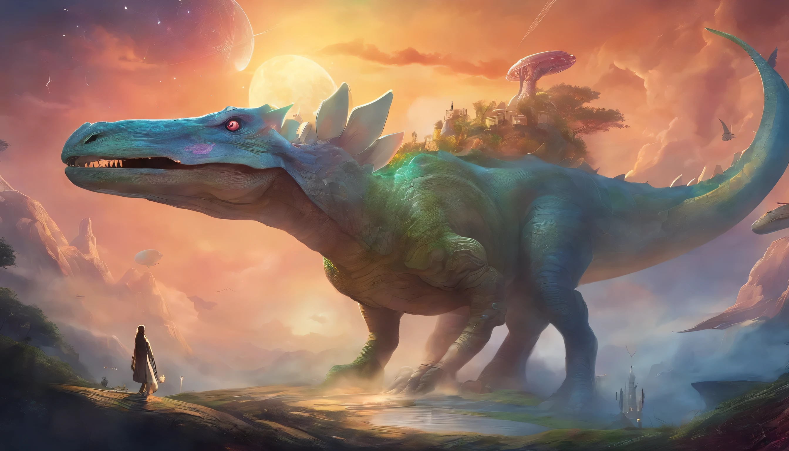 Build up to the climax with an image where the spaceship and dinosaur embody the essence of pop surrealism. Infuse elements that capture the imagination, leaving a lasting impression on the canvas of creativity.