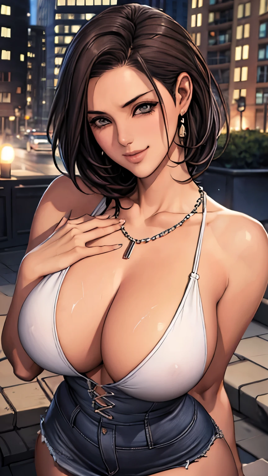 Bright colored high necked sleeveless knit open chest, denim mini skirt, 20-year-old girl, plump and soft breasts and fair skin (very soft breasts), cleavage, fluffy nipples, curved forward, dark brown hair, pointyTail, Cityscape, Kamimei, shy smile, necklace, earrings, high heels (very detailed), (perfect facial details), (very detailed hands) realistic photos.