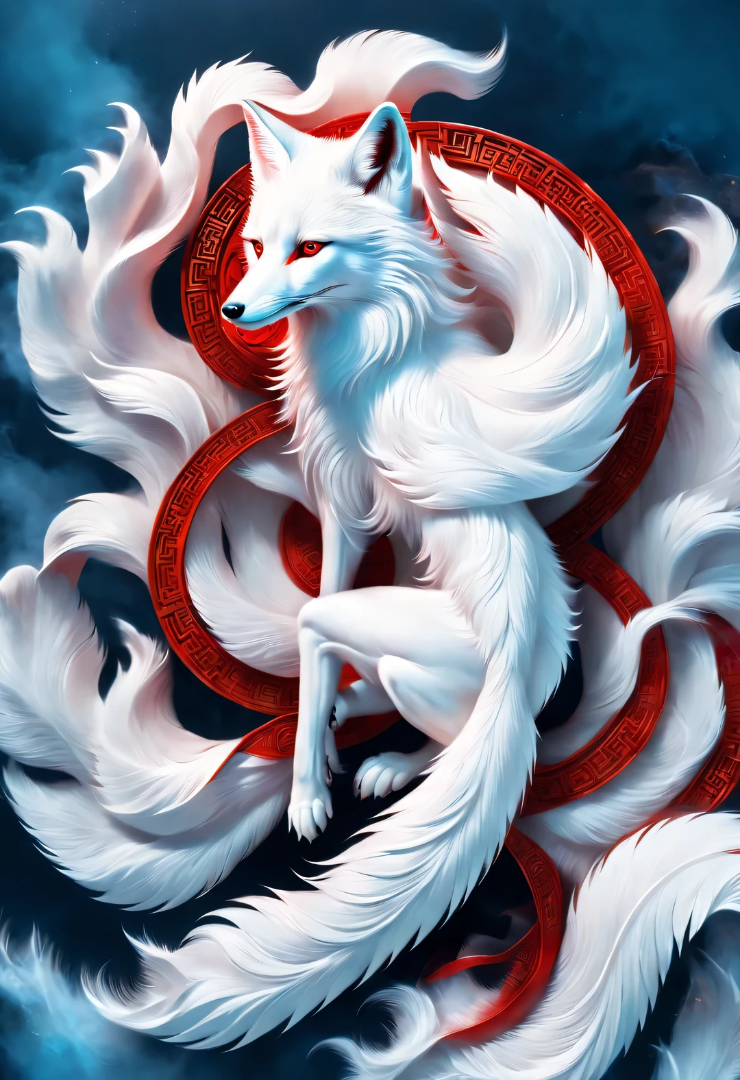 (A white fox with nine red tails in ancient Chinese mythology), (whole body on side), (Mountain and Sea Sutra, beautiful long hair, Mysterious legends, Chinese mythology, (blue eyes), (Nine red tails circle the fox), clear fox paw, concept art, illustration, 8k, Smooth and clear focus,