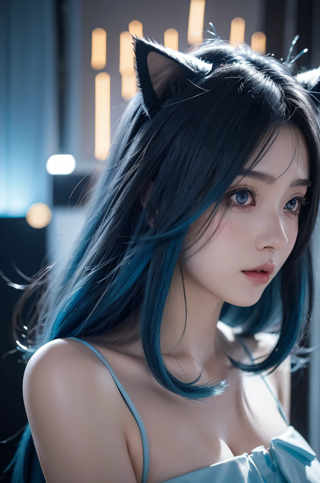 Blue hair cat ears anime girl, 2D animation style, waves, 2D animation, Anime cute art style, by Shitao, I would deny this, anime style 4k, Two-dimensional art, Two-dimensional art, anime girl profile, Starting from the night of the ark, By Prue, No type, bykamaguka, lomo