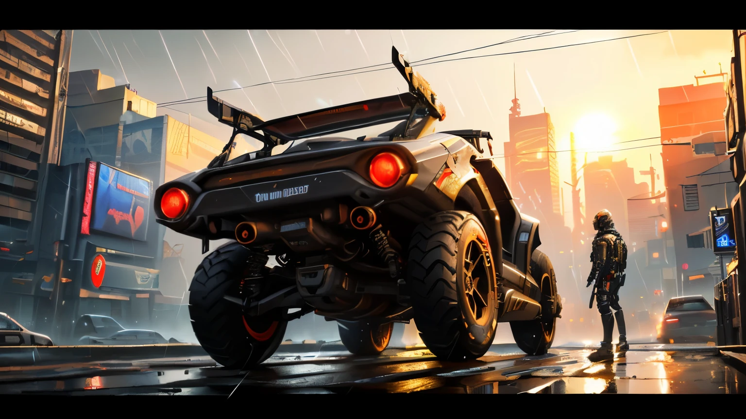 ((HD photo)), Masterpiece, highest quality, HDR, 8k, rear shot, dynamic angle, a futuristic vehicle, intricate details, in a Cyberpunk 2077 city, (rain), sunset, depth of field, lens flare, bokeh, dust particles, neon, reflections, shiny