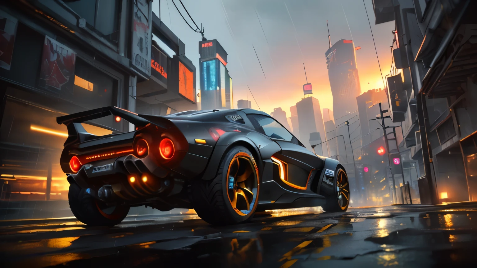 ((HD photo)), Masterpiece, highest quality, HDR, 8k, rear shot, dynamic angle, a futuristic vehicle, intricate details, in a Cyberpunk 2077 city, (rain), sunset, depth of field, lens flare, bokeh, dust particles, neon, reflections, shiny