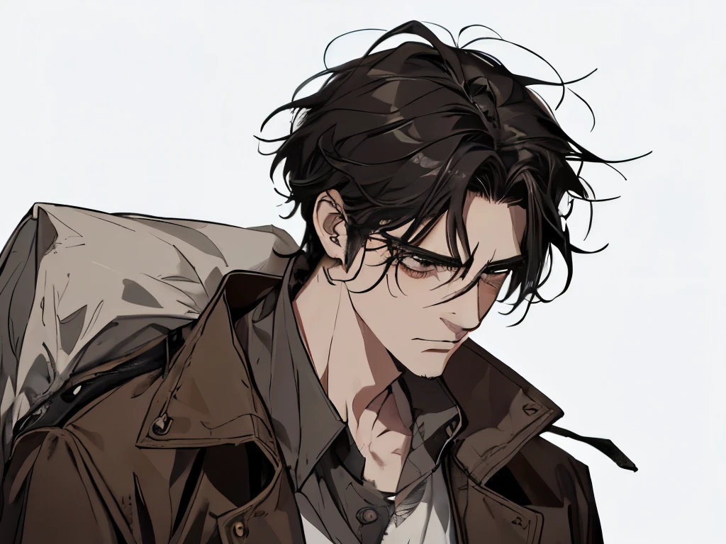 A man, unkempt, tired, haggard, stubble,bags under the eyes, untidy, disheveled, black hair, stubble, pale, sick, white background, brown jacket, messy