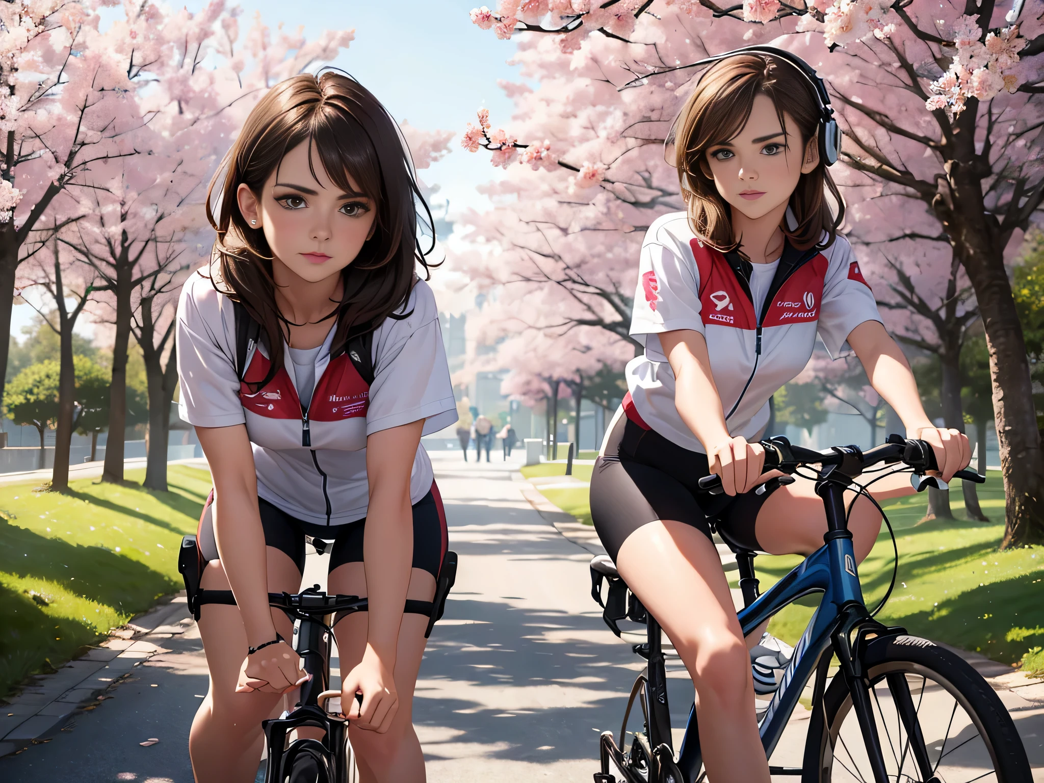 best quality, masterpiece, ultra high resolution, (realistic:1.4), RAW photos, (Selena Gomez:emma watson:0.8) 30 years old, She's wearing a cycling jersey, listening to a song with her headphones, She is riding a bicycle along the road, on asphalt road, It’s a road lined with cherry blossom trees.., ride an expensive cycle alone