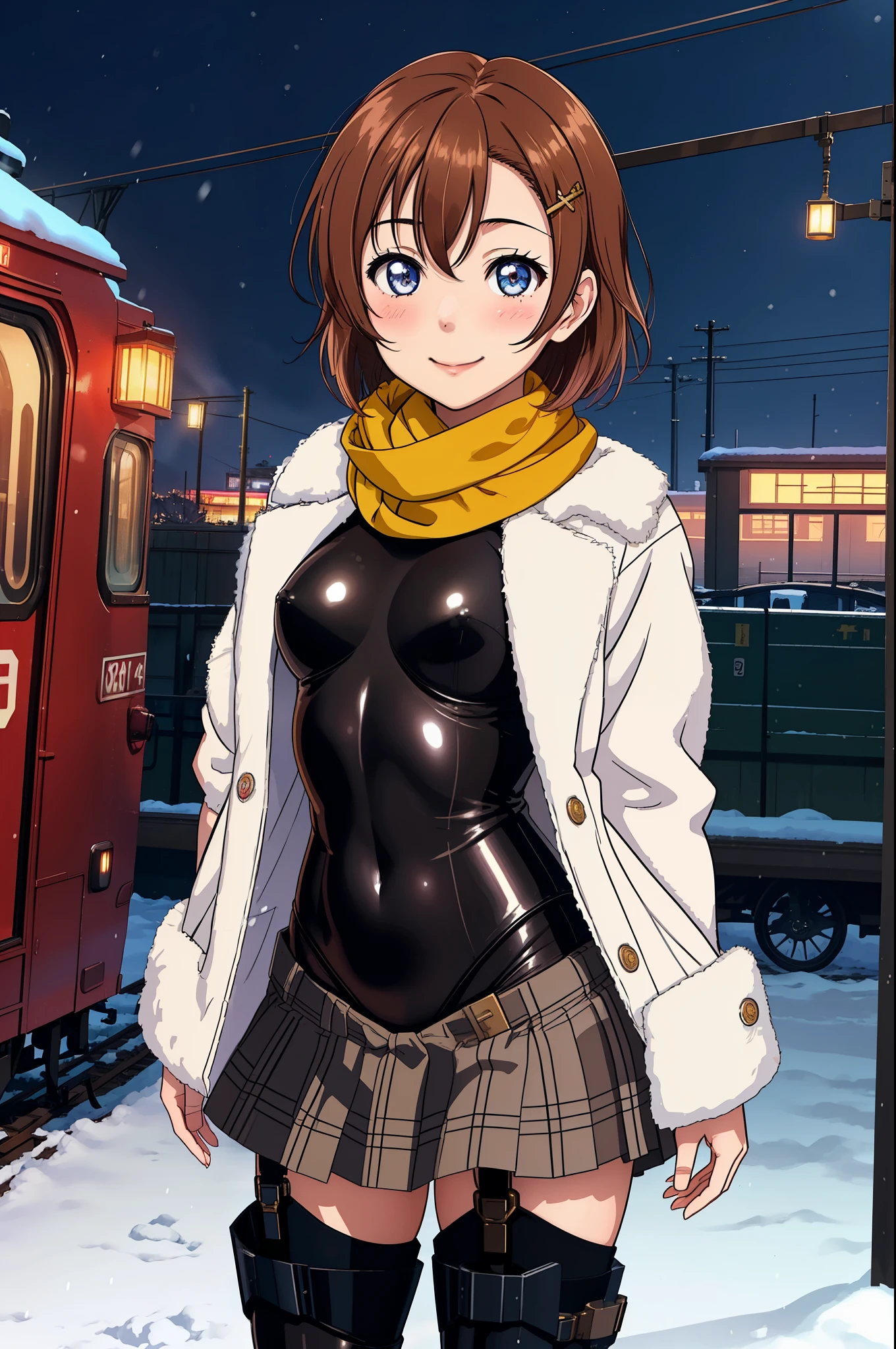 Masterpiece, best quality,Kousaka honoka, facing viewer, looking at viewer ,night, train station, very tight bodysuit, short hair, hair ornament, standing , Blushing, scarf ,cowboy shot, snow , warm smile , (armoured upper body:1.2), armoured boots
