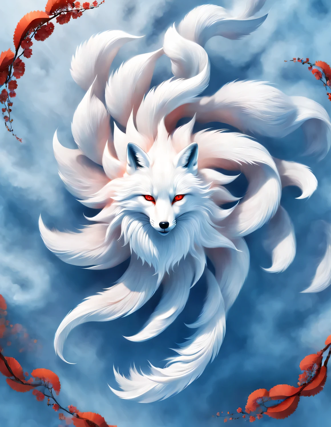 (A white fox with nine red tails in ancient Chinese mythology), Mountain and Sea Sutra, beautiful long hair, Mysterious legends, Chinese mythology, (blue eyes), (The fox grew nine red tails,like a whirlpool), clear fox paw, concept art, illustration, 8k, Smooth, clear focus,