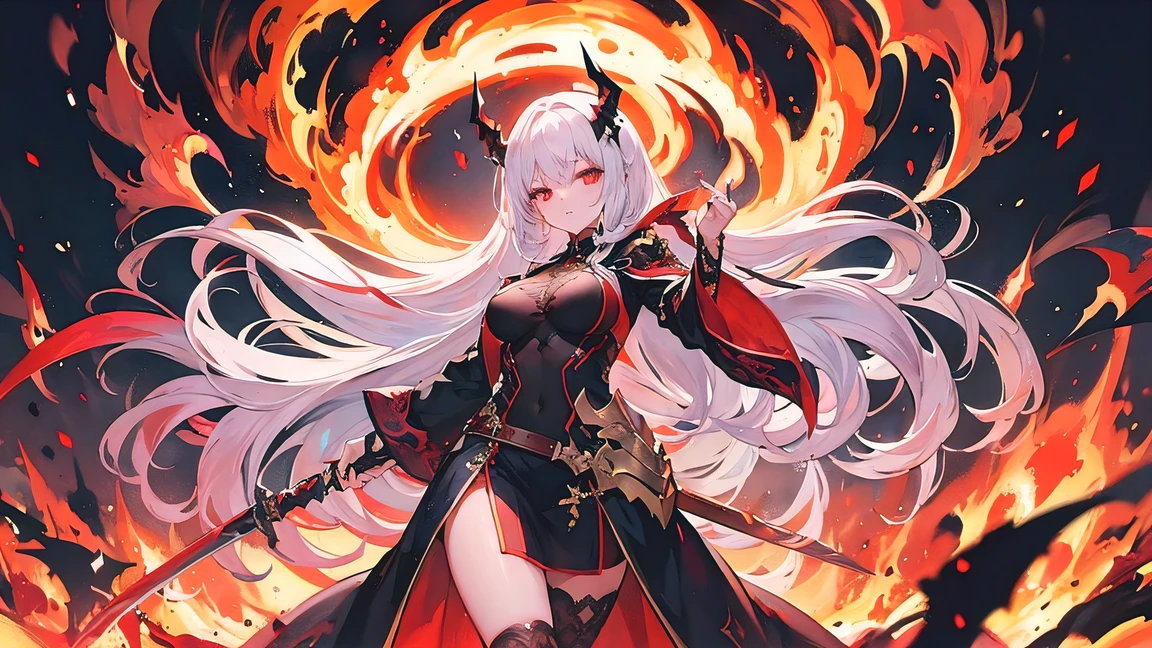a long hair、Woman holding whip-shaped bone sword,hellfire queen, full of anger, flames surround her, There&#39;There is a huge flame dragon behind it