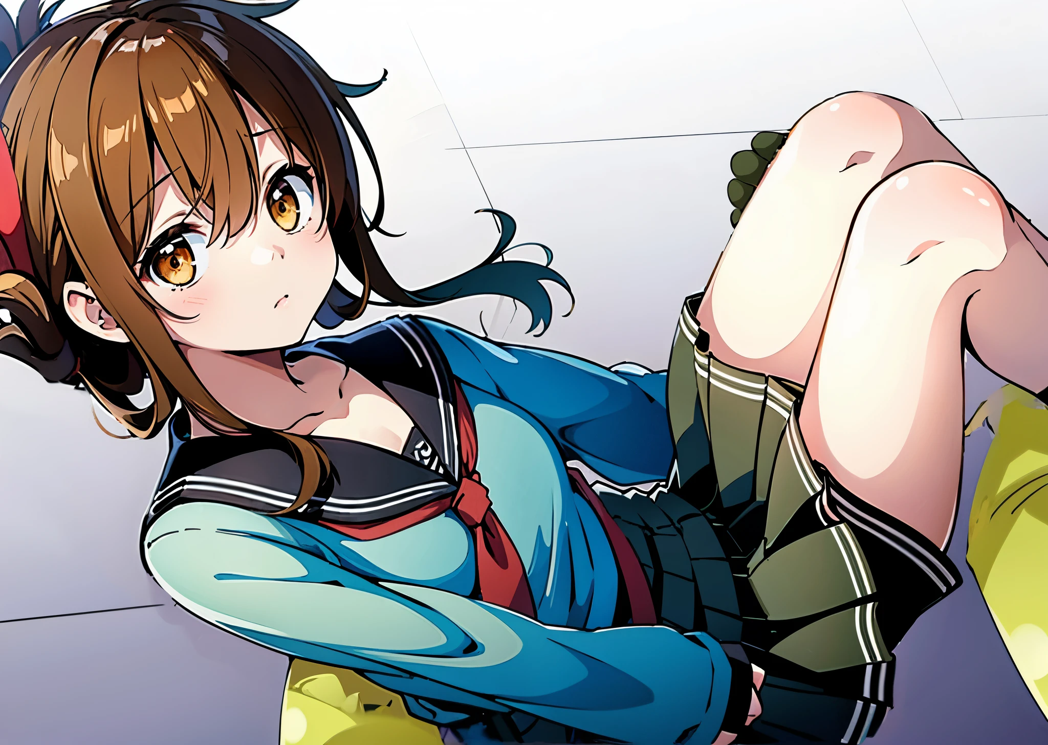 (masterpiece, best quality:1.2),illustration,8k,hd,1girl,solo,upper body,(portrait:1.2),brown_hair,folded_ponytail,brown_eyes,serafuku,long_hair,school_uniform,skirt,pleated_skirt,