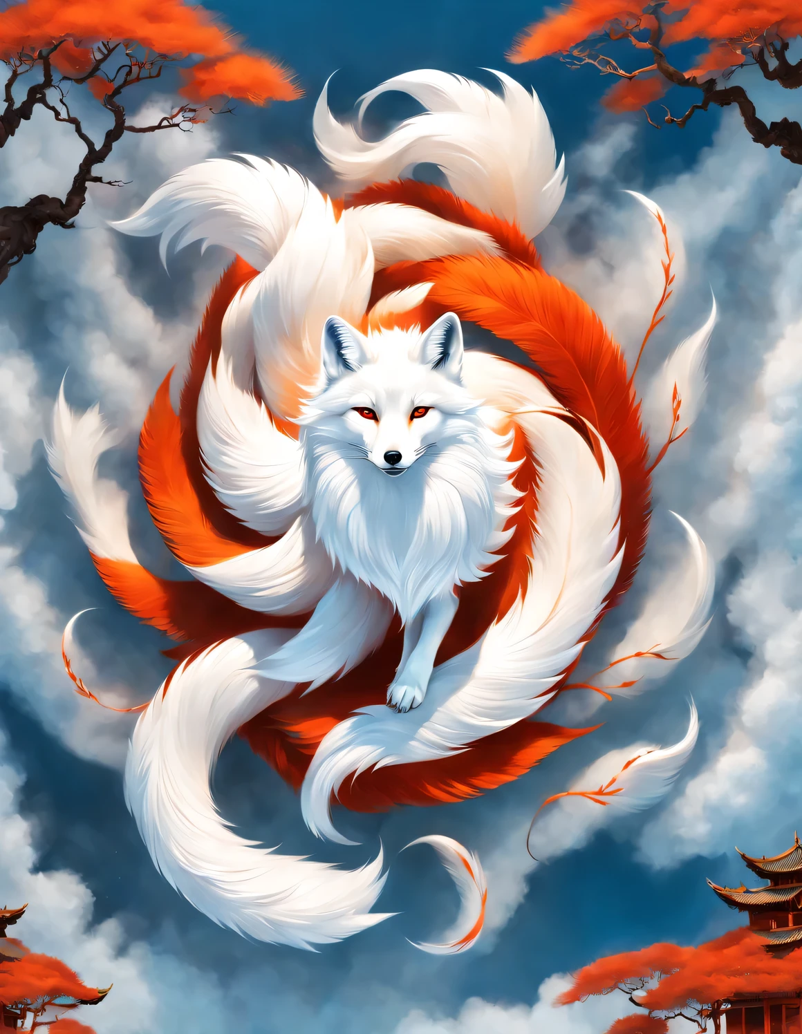 (A white fox with nine red tails in ancient Chinese mythology), (Full-body side), (Mountain and Sea Sutra, beautiful long hair, Mysterious legends, Chinese mythology, (blue eyes), (The fox has nine orange-red tails,like a whirlpool), clear fox paw, concept art, illustration, 8k, Smooth, clear focus,