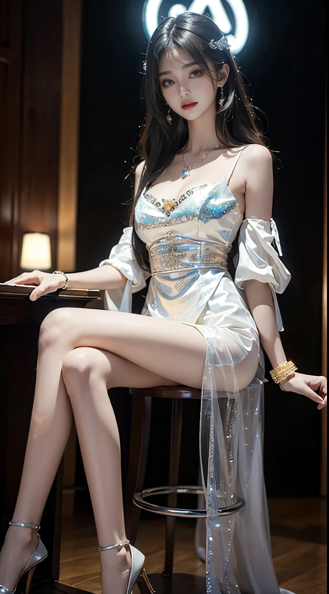 ((full body)), ((from below)), ((sitting position)), ((Sit on a barstool)), clear face, pretty face, 8k, masterpiece, original photo, best quality, detail:1.2,lifelike, detail, Very detailed, CG, unified, wallpapers, depth of field, movie light, lens flare, Ray tracing, (extremely beautiful face, beautiful lips, beautiful eyes), intricate, detail的脸, ((ultra detailed skin)), 1 girl, in the darkness, deep shadow, beautiful korean girl, kpop idol,(Very slim figure:1.3), A plump chest, Large breasts, Slender sexy legs, Very nice legs, elegant posture, (bright smile), (City night, (neon lights), (night), beautiful korean girl, white diamond earrings, Diameter bracelet, Dia necklace, clear eyes, (big eyes)