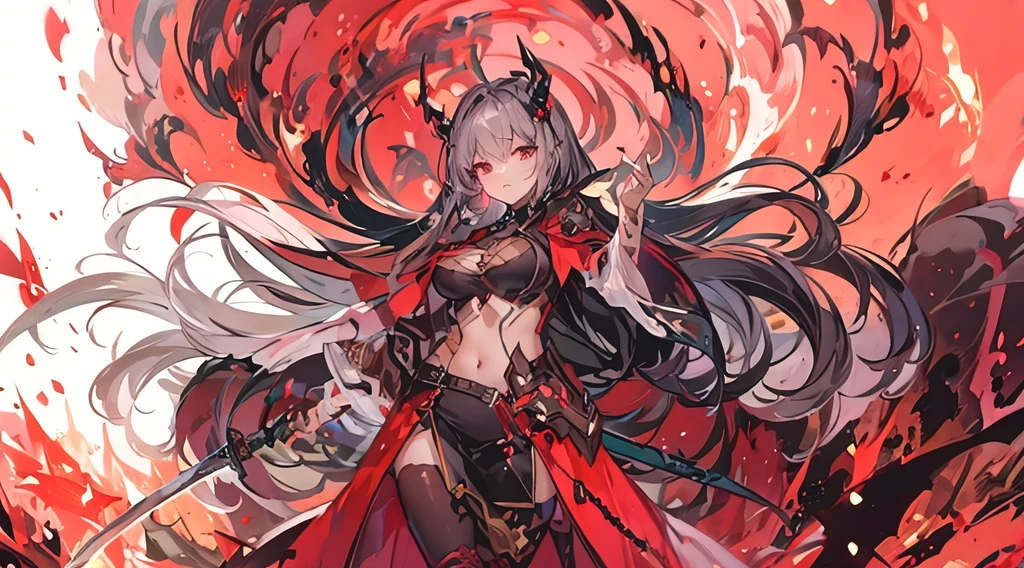 One long hair、Woman holding whip-shaped bone sword,hellfire queen, full of anger, flames surround her, There'There is a huge flame dragon behind it