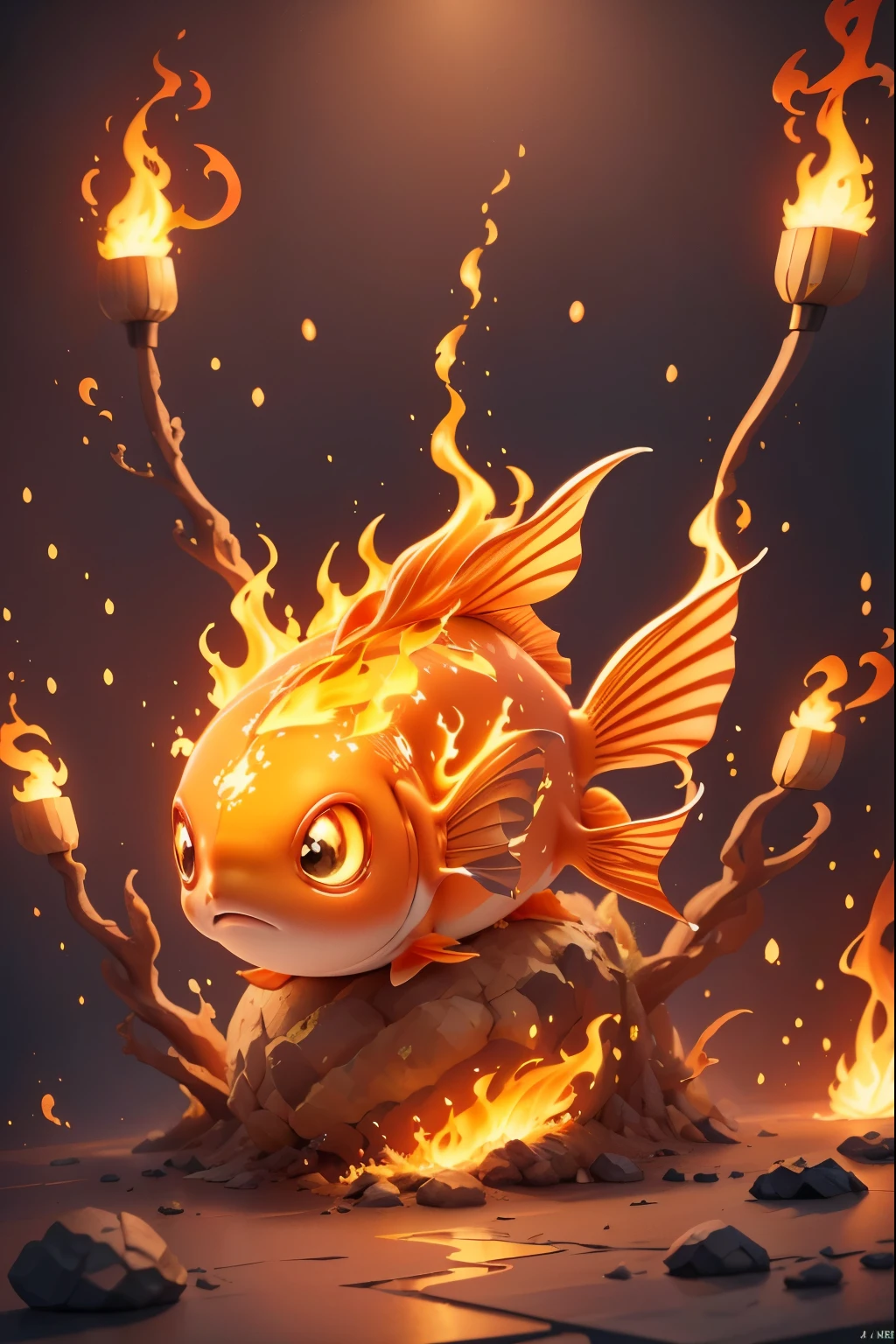 有一条goldfish着火了，flames coming from inside, Lovely and detailed digital art, Lovely numbers, 3D rendering stylization, theelementoffire, rendering art, mobile game art, Beautiful digital artwork, Stylized 3D rendering, 3D epic illustration, Lovely numbers艺术, stylized game art, goldfish, Stunning digital illustrations