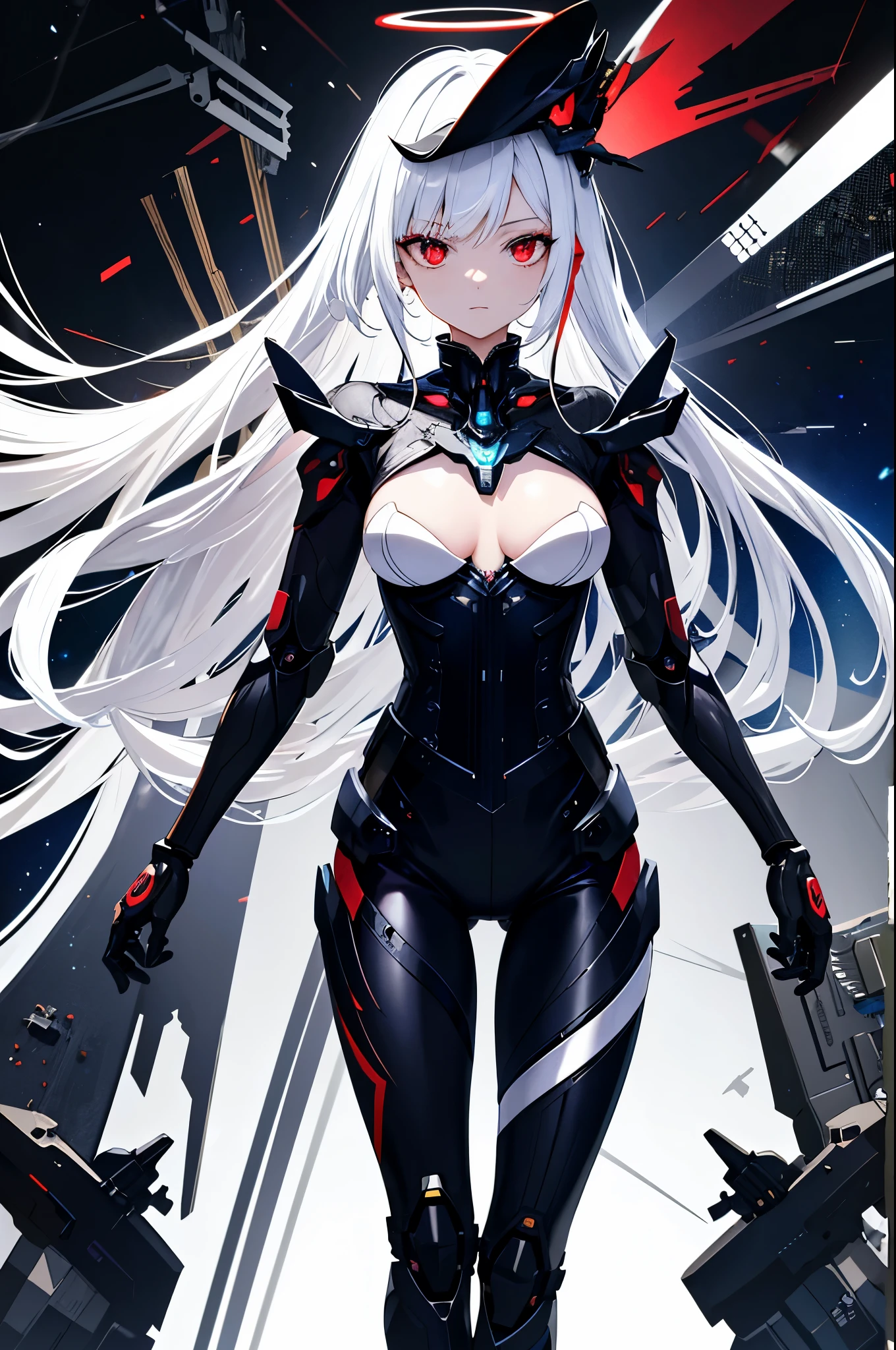 masterpiece,best quality,Super detailed,Very detailed的插图,Very detailed,intricate details,high resolution,超级intricate details,Very detailed 8k cg wallpaper,cowboy shooting, Caustics,reflection,Ray tracing,Demon Theme,nebula,dark aura,cyber effect, (1 girl:1.4),alone,alone,Mecha Maiden,Mechanical Parts, joint,single mechanical arm, hat, Mechanical Halo,Star Hello,Complex mechanical body suit, mecha corset,, Full A, very long hair,white hair, hair between eyes, colorful hair, Colored inner hair, red eyes,glowing eyes,line of sight, random expression,random action, White background