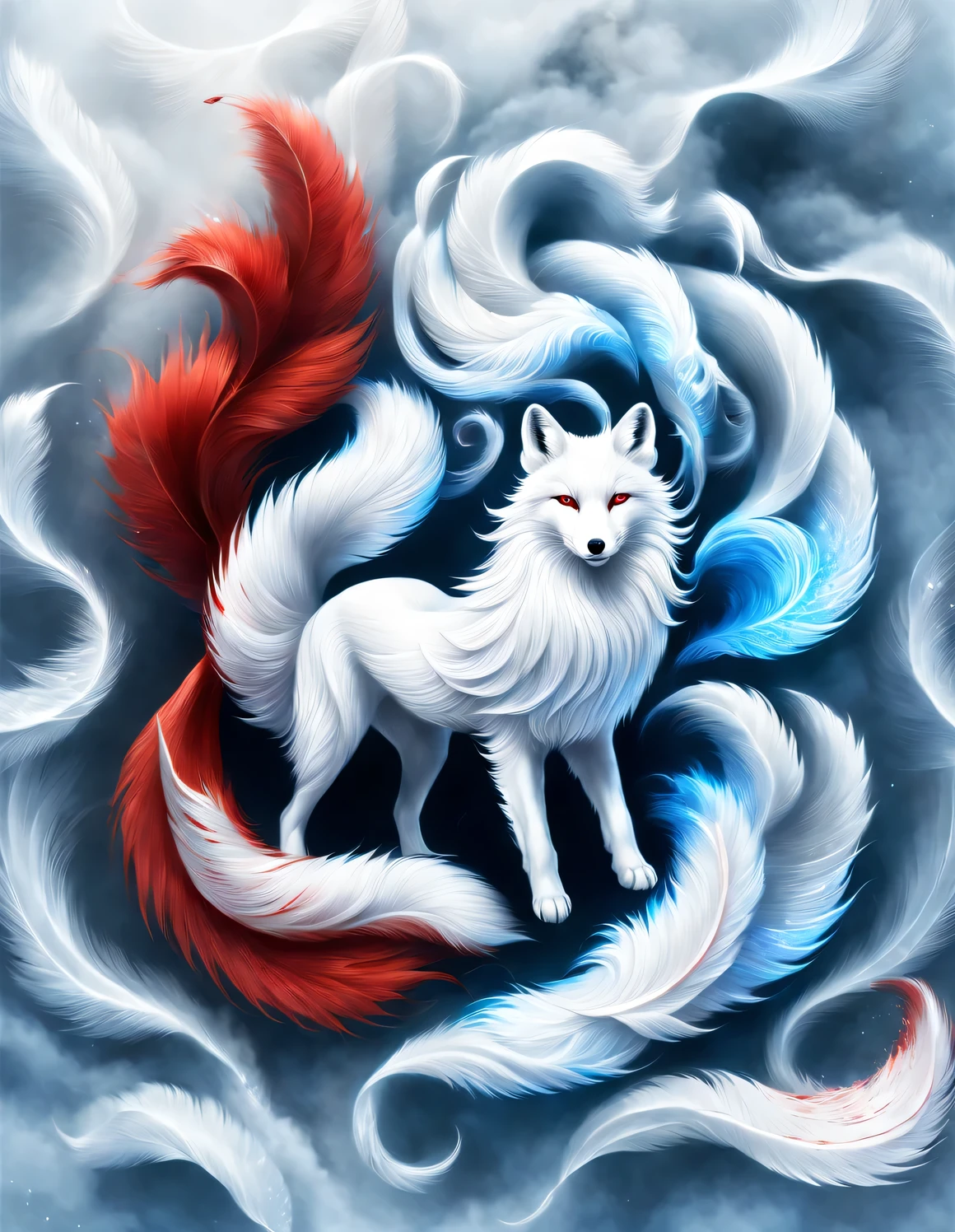 (A white fox with nine red tails in ancient Chinese mythology), (whole body on side), (Mountain and Sea Sutra, beautiful long hair, Mysterious legends, Chinese mythology, (blue eyes), (Nine red tails circle the fox), clear fox paw, concept art, illustration, 8k, Smooth and clear focus,