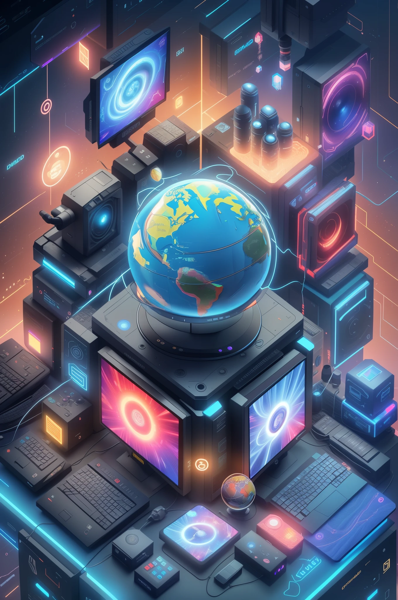 a close up of a computer with a globe surrounded by other electronic devices, isometric 8k, 4k detailed digital art, 4k highly detailed digital art, the encrypted metaverse, isometric futuristic game, dan mumford. 8 k octane render, in style of beeple, 3d digital art 4k, digital artwork 4 k