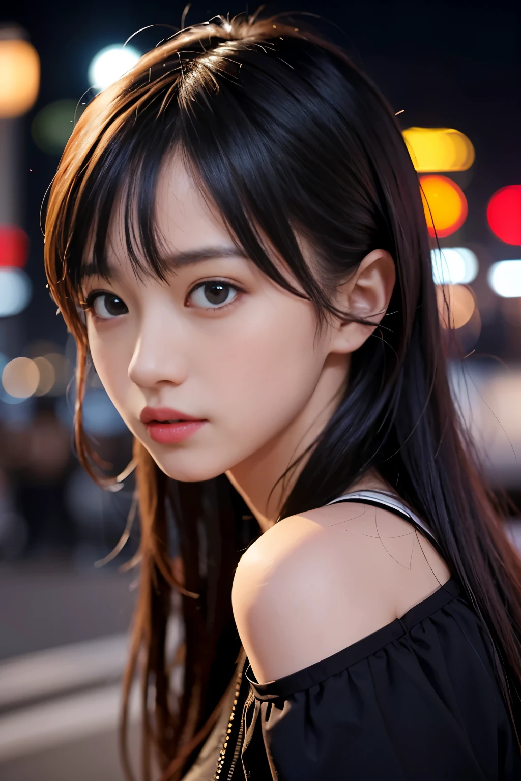 1 girl, tokyo road,nighttime, city scenery,city lights, upper body,close up, 8ก, raw photos, best quality, Masterpiece,realistic, photo-realistic,