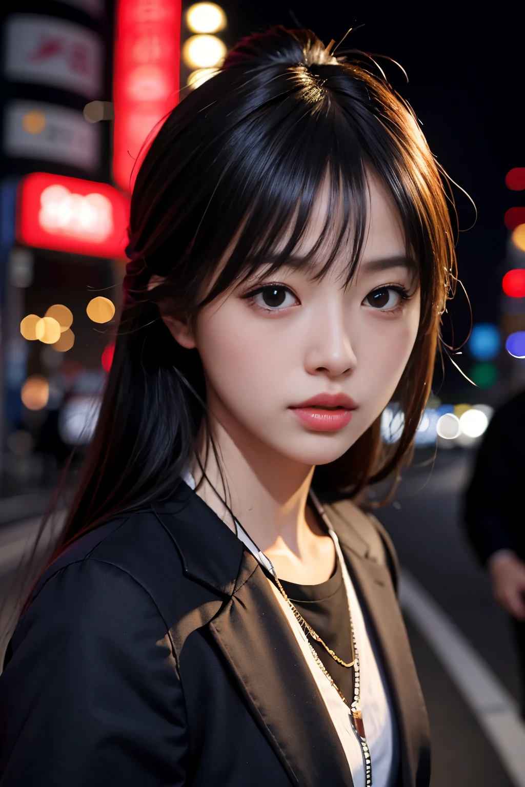 1 girl, tokyo road,nighttime, city scenery,city lights, upper body,close up, 8ก, raw photos, best quality, Masterpiece,realistic, photo-realistic,