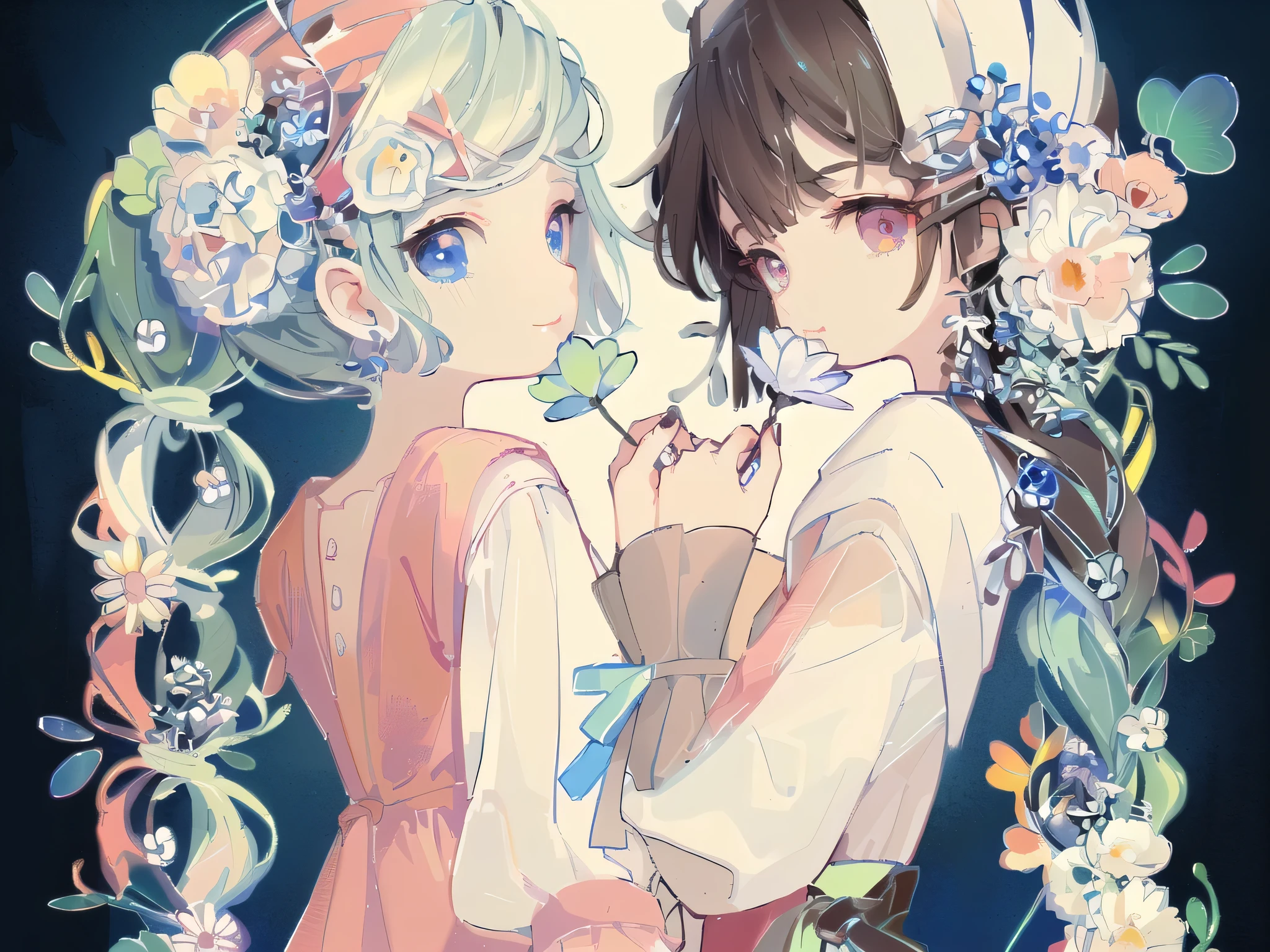 Anime - styled image of two young girls with long hair and flowers, two beautiful anime girls, pixiv style, anime style 4k, anime art nouveau, pixiv, cute anime style, cute anime, anime style illustration, beautiful anime art style, cute art style, anime illustration, anime art style, fantasy style anime, beautiful anime style, anime art style