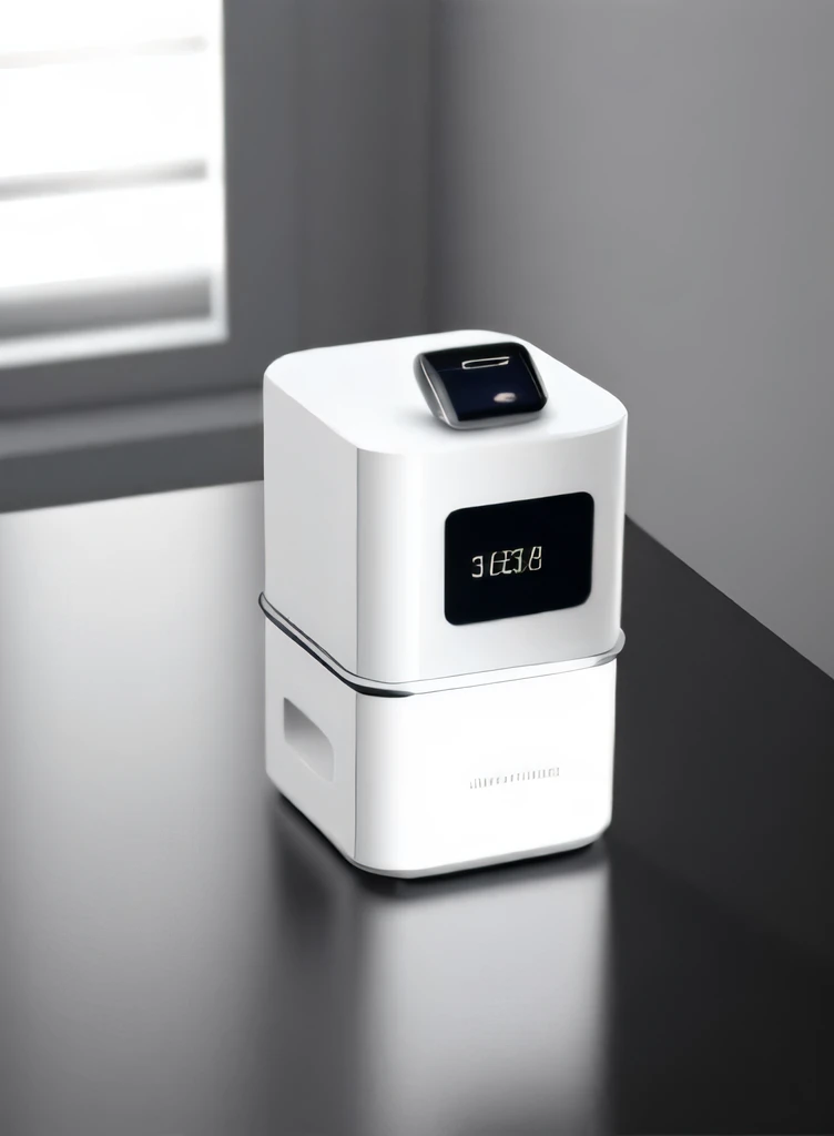 There is a small white machine on the table, grey metal body, keyshot product renderings, Depicted as 3D rendering, 3d computer render, With 3D rendering, With 3D rendering, High quality rendering, 3D product rendering, product design photography, Render in key shot, an award winning digital render, glossy white metal