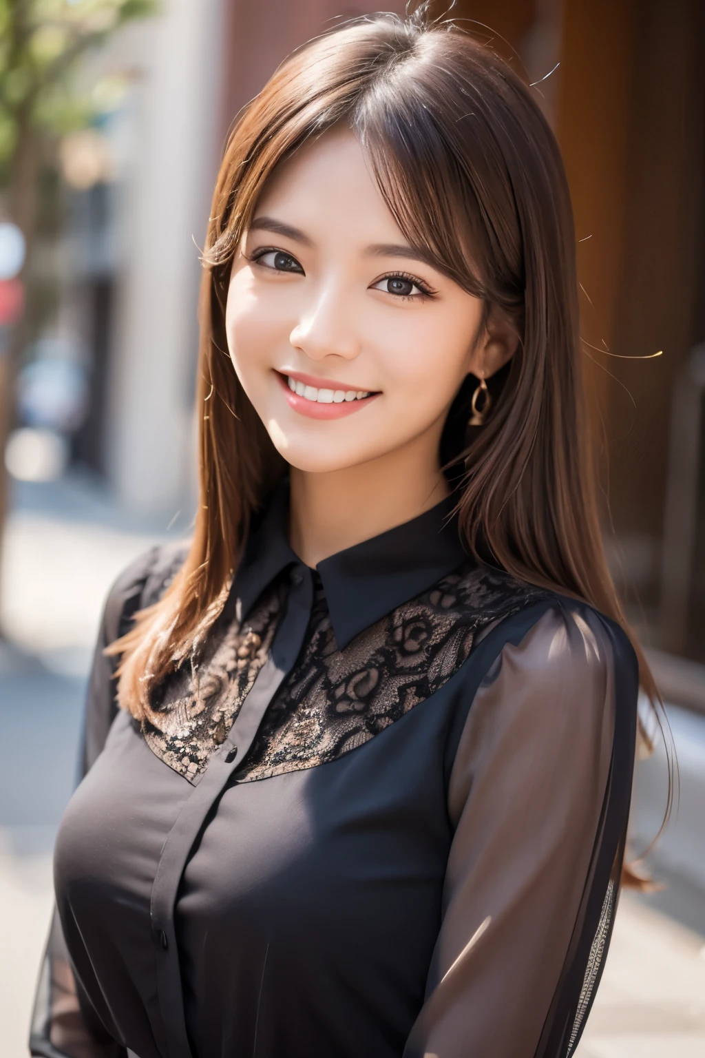 matured female , best quality, hires, detailed face , blouse , smile
