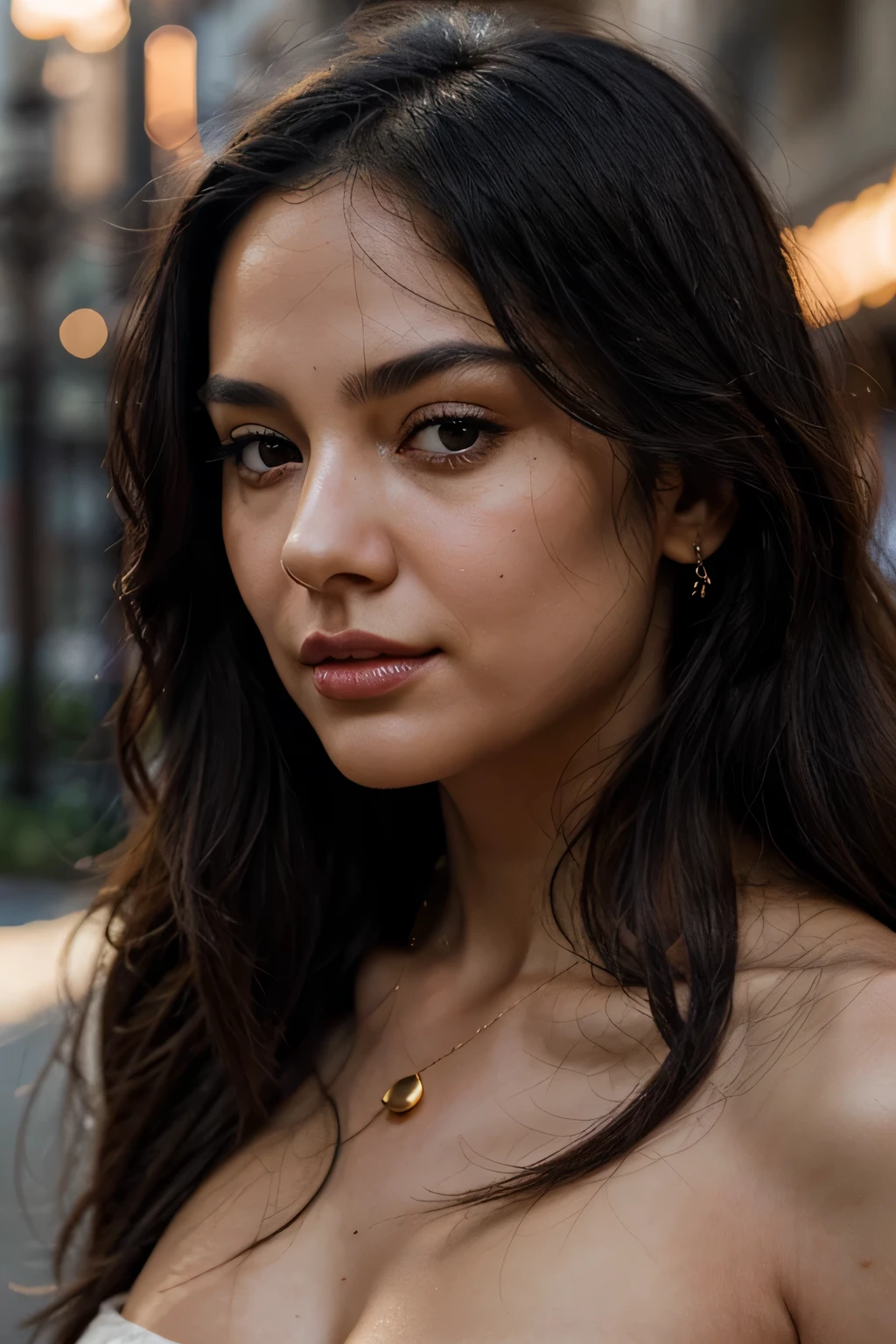 A captivating photorealistic portrait of a beautiful lady with long, black hair bathed in the warm glow of the golden hour. Her lips curve into a mysterious smirk, hinting at untold stories. Her gaze, half-hidden beneath her lashes, exudes an air of intrigue and seduction. Render in high resolution, emphasizing the soft shadow under her cheekbone, the delicate curve of her jawline, and the subtle details of her jewelry.