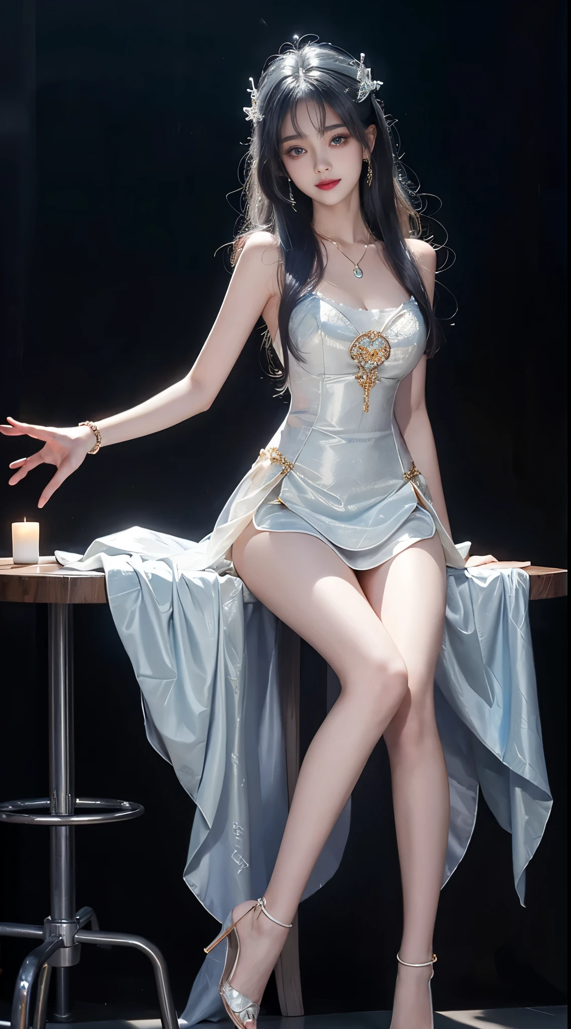 ((full body)), ((from above)), ((Satellite view)), ((Lying in bed)), clear face, pretty face, 8k, masterpiece, original photo, best quality, detail:1.2,lifelike, detail, Very detailed, CG, unified, wallpapers, depth of field, movie light, lens flare, Ray tracing, (extremely beautiful face, beautiful lips, beautiful eyes), intricate, detail的脸, ((ultra detailed skin)), 1 girl, in the darkness, deep shadow, beautiful korean girl, kpop idol,(Very slim figure:1.3), A plump chest, Large breasts, Slender sexy legs, Very nice legs, elegant posture, (bright smile), (City night, (neon lights), (night), beautiful korean girl, white diamond earrings, Diameter bracelet, Dia necklace, clear eyes, (big eyes)