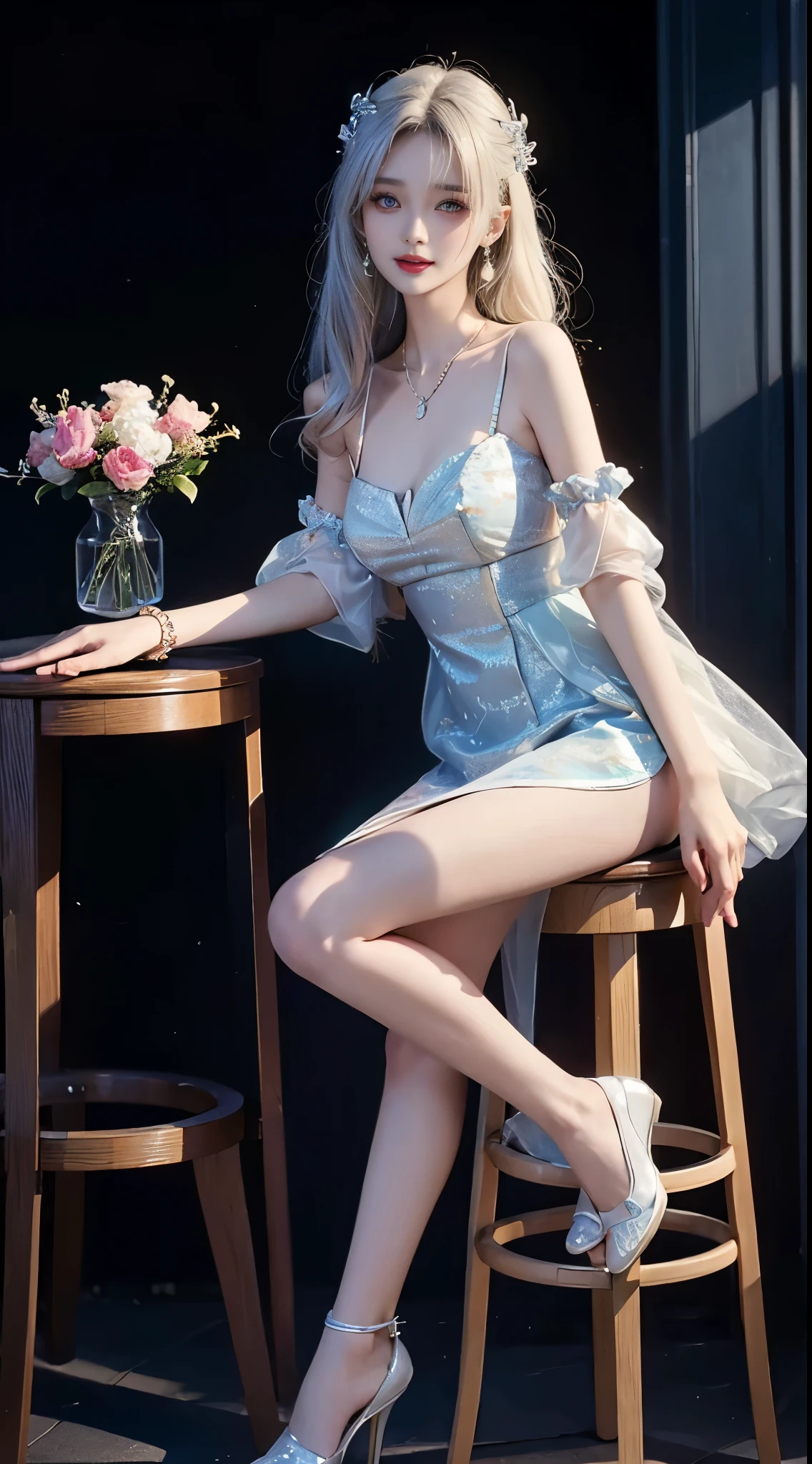 ahCat
blue theme, cat ears, blue dress, sleeveless dress, pink ribbon, large ribbon, striped thighhighs, detached sleeves, collar, jingle bell ((full body)), ((Elegant posture, Attractive posture)), ((Random shooting angles)), Platinum Blonde Fine Hair、Extra long silky straight hair、Big eyes with bangs and eyeliner、((Visible cleavage))、((E cup)), ((I-type Valley)), Nordic Youth、Perfect body、Very beautiful and cute、White Skin、Smooth and radiant skin、Young and beautiful skin、Perfect beautiful little face、Shiny Makeup、Thin pink lip gloss expression、girl、Lipstick、Deceptive advertising、{Steaming hot}、Audience perspective、Primetime lights、Bokeh atmosphere perspective、Detailed movie lighting、Intricate details、high resolution、 Details of facial design、High Detail、Be focused、Smoothness、aesthetics、Print、Octane Renderer、{{masterpiece}}