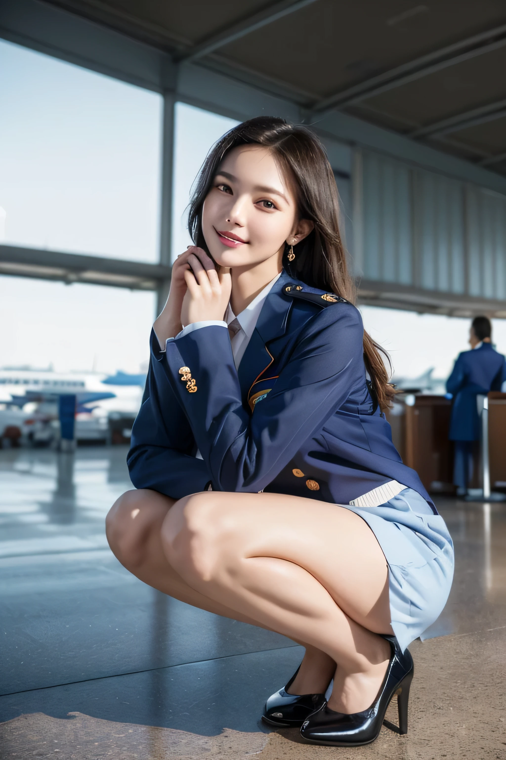(masterpiece:1.2),(8K high resolution), (highest quality), (RAW image quality), (realistic), (realistic:1.37),long eyelashes,(Live-action realistic style),realistic light and shadow,clear facial features,,Fair skin,best portrait, 1-Girl,highly detailed skin,(Beautiful face with double eyelids), (realism: 1.4),((full body image)) ,delicate and beautiful face,,woman around 30 years old,(beautiful face 1.4),straight hair length,,(lipstick,beautiful earrings),((Taken at the airport)),(stewardess uniform,)),(Stewardess in uniform),,(3/4 length),Shoot head-on,,Close-range shooting,((squat in the airport,Show your panties)),,(((Look at the audience and smile),、((Wearing a stewardess uniform)),(smile without opening your mouth),(Squat down),((Crouch in front of the viewer)),squat with legs apart,(Pose with hands on cheeks),Crouching in front of the viewer,You can see the white panties