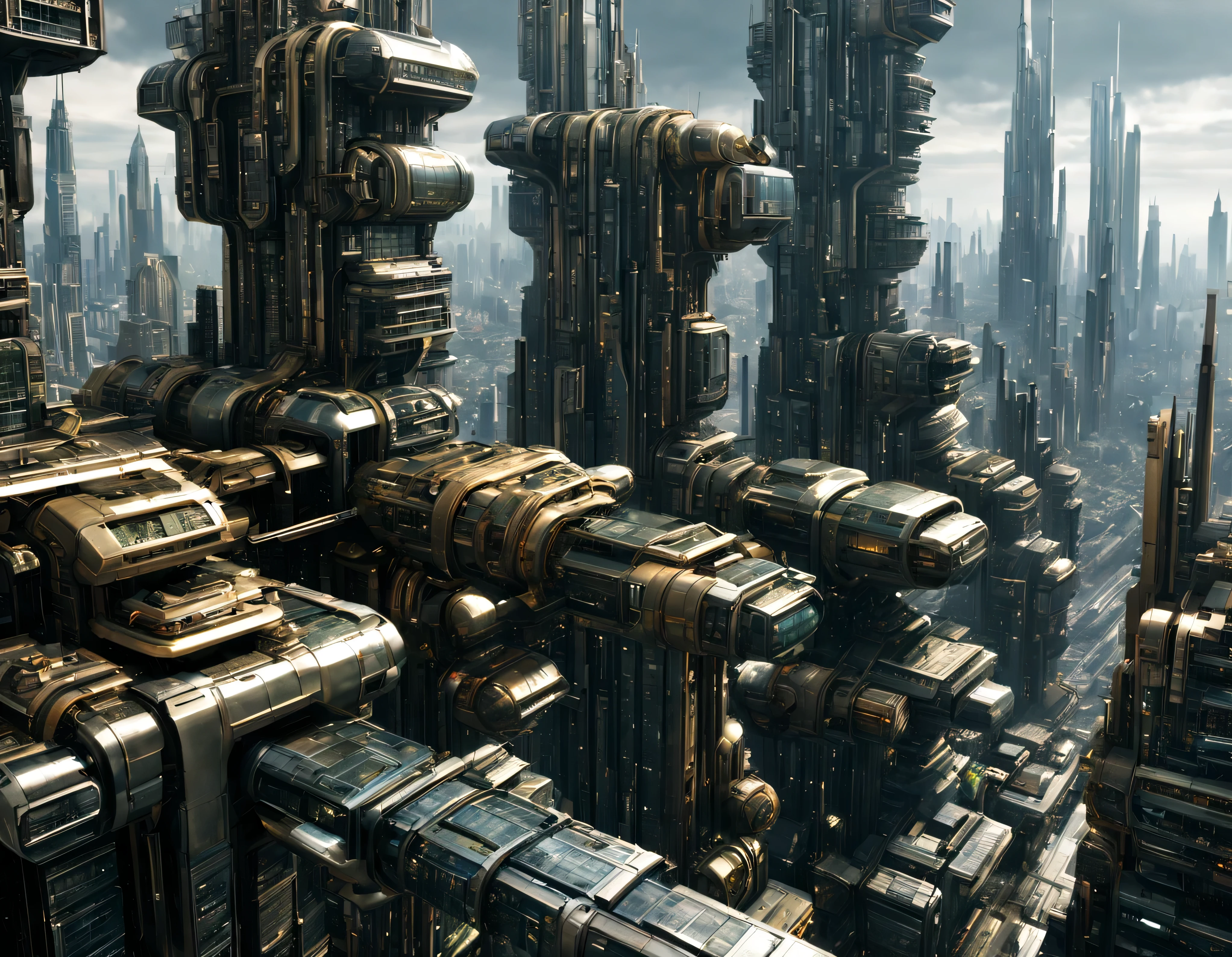 the city of megacity futuristic science fiction city as it would be in the year 3029, vista desde una terraza , with high-tech design , conglomerado de edificios de metal y cristal, highways crossing them, de una inmensidad impresionante, con el empleo de oro , silver and bronze in its construction, realmente impresionante a la vista, imagen bien definida, sharp well defined background, ((con muchos edificios juntos alrededor de una plaza)). sharp well defined 8k image. los edificios llegan alta el fondo.,8k. cinematographic image, renderizado 3d, ((obra maestra de superior calidad)).
