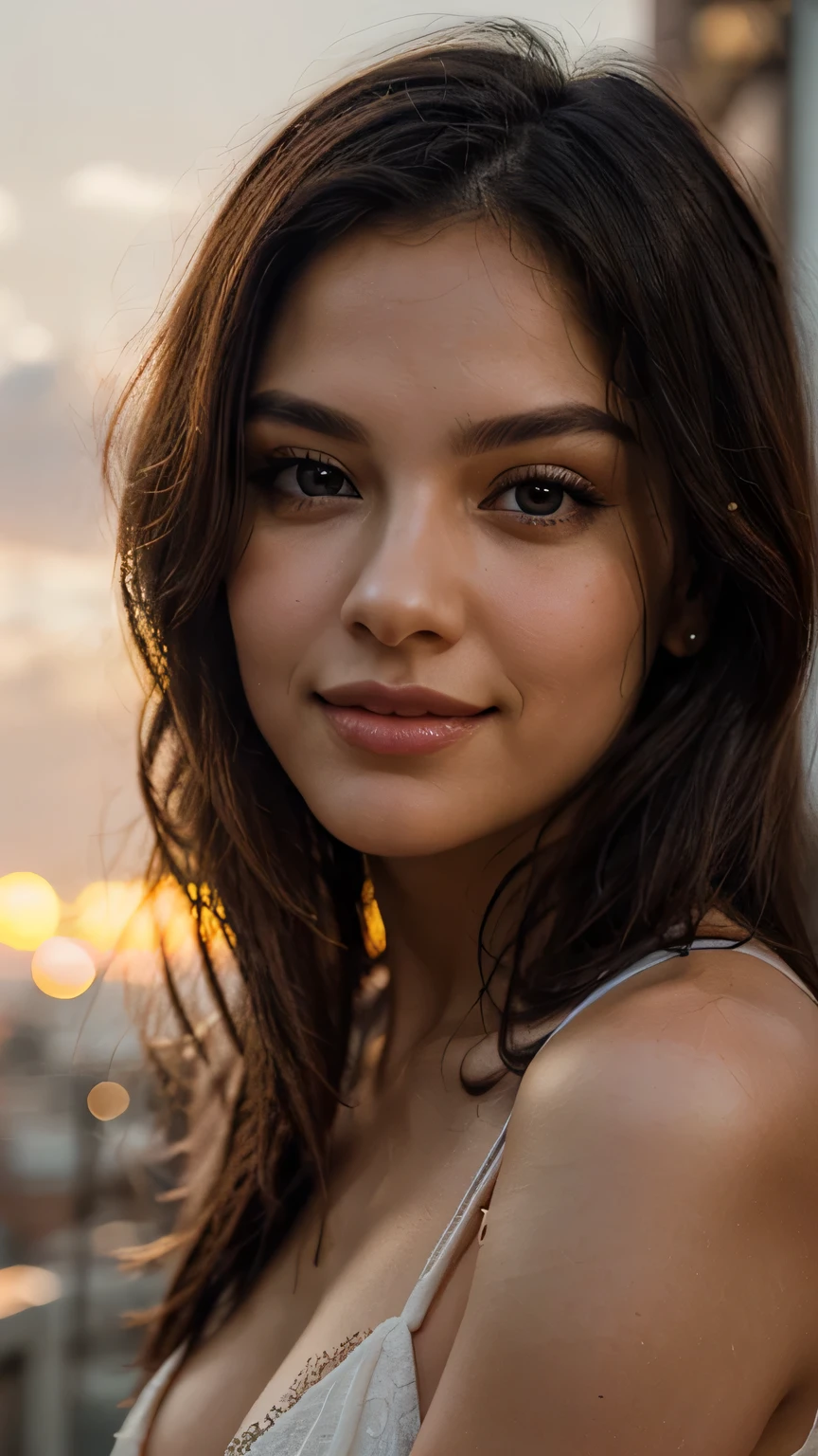 lhr piercing eyes, looking straight, very happy, retrato em close, in an open-air urban neighborhood ,Luz da noite,(de corpo inteiro)