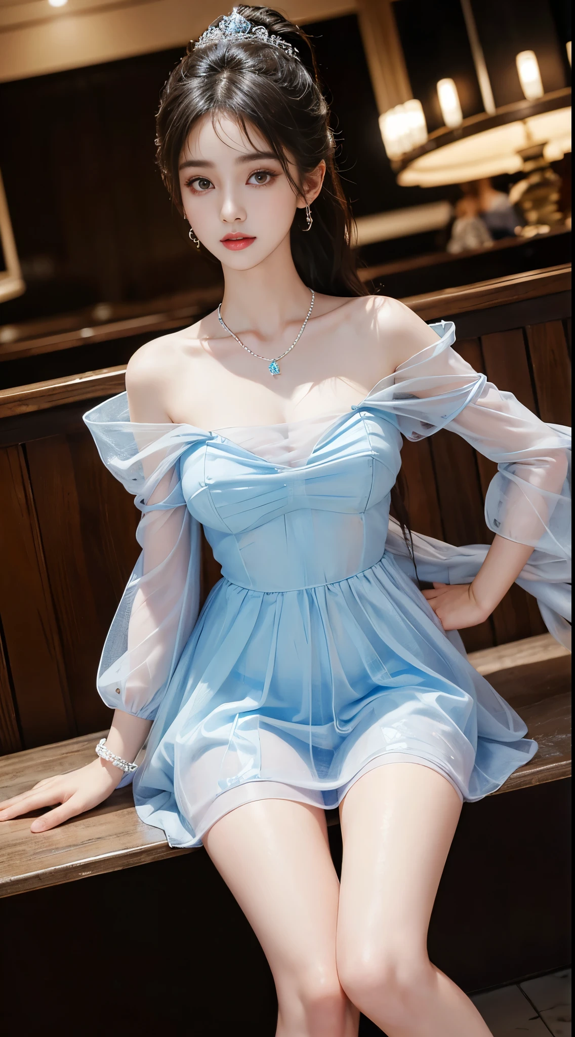 Sweet girl clothes8,(gem:1.3), ((full body)), ((from below)), ((sitting position)), ((Sit on a barstool)), clear face, pretty face, 8k, masterpiece, original photo, best quality, detail:1.2,lifelike, detail, Very detailed, CG, unified, wallpapers, depth of field, movie light, lens flare, Ray tracing, (extremely beautiful face, beautiful lips, beautiful eyes), intricate, detail的脸, ((ultra detailed skin)), 1 girl, in the darkness, deep shadow, beautiful korean girl, kpop idol,(Very slim figure:1.3), A plump chest, Large breasts, Slender sexy legs, Very nice legs, elegant posture, (bright smile), (City night, (neon lights), (night), beautiful korean girl, white diamond earrings, Diameter bracelet, Dia necklace, clear eyes, (big eyes)